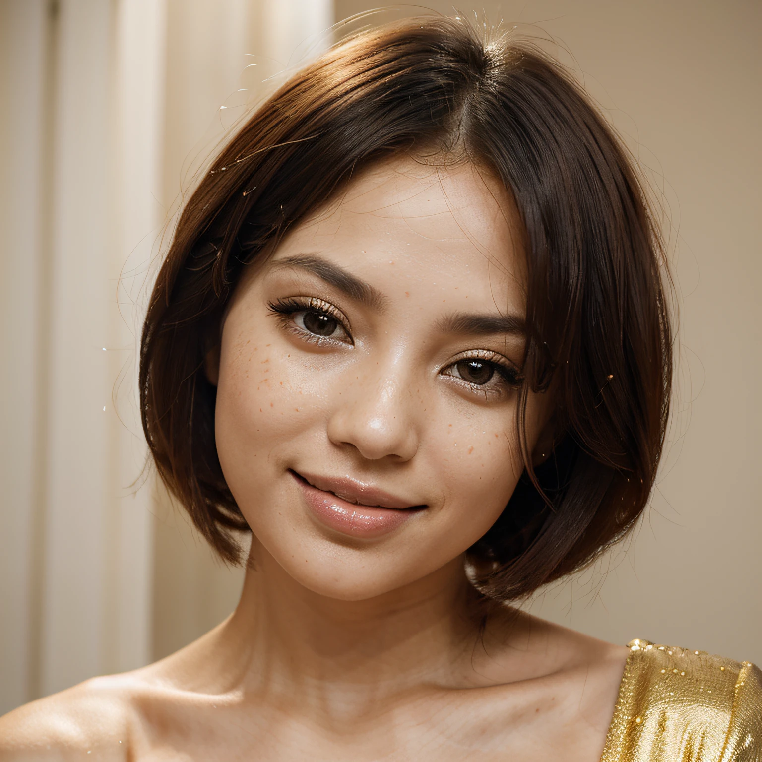 A cute sexy beautiful model aged 27. Cheeky smiling. Mixed-race pale skin, parents from Nigeria and Korea. Slim, busty. Lightly freckled. Evening make-up, gold themed. Hair cut into asymmetrical bob, with blue streaks
