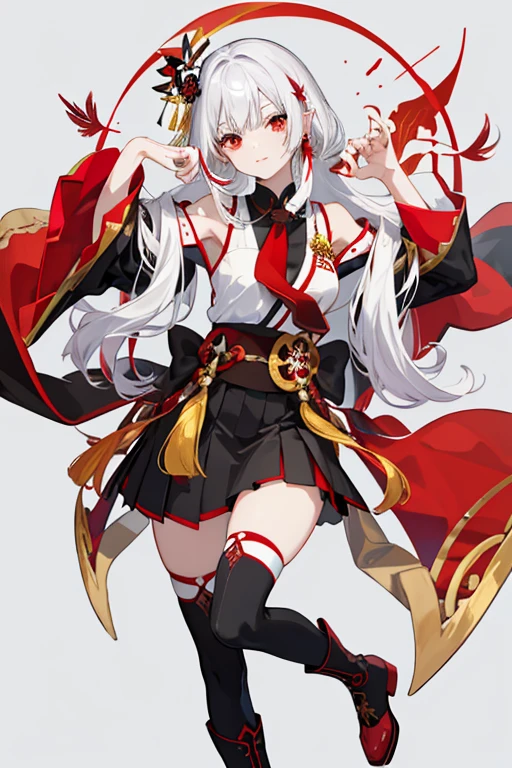 nime, anime style, Conceptual art, UHD, masterpiece, accurate, anatomically correct, textured skin, high details, high quality, award winning, best quality, highres, 4K, anime girl, vtuber design, character sheet, grey hair, red eyes, long hair, design sheet, multiple angle, full body, elf ears, short hair, idol, happy, teenage, white background, gfx design, social media composition, solo, character sheet