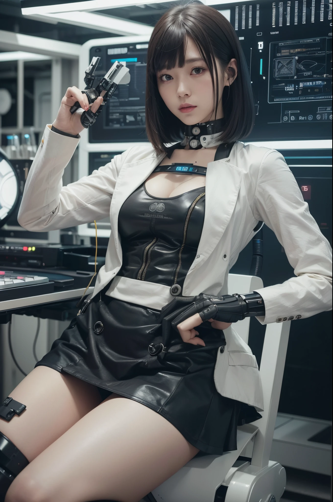 masutepiece, Best Quality, Extremely detailed, (Photorealistic:1.4), (8K, 4K, Best Quality, hight resolution, 超A high resolution:1.1), 8K portrait,1girl in, Japaese Cyborg Girl,Plump , announcer,control panels,android,Droid,Mechanical Hand, , Robot arms and legs, Black Robot Parts,Black hair,Mechanical body,Blunt bangs,White Robotics Parts,perfect robot woman,The laboratory of the future,cyberpunked,Charging spot,laboratory,Long Tube,A thick cable was connected to her neck.,ceramic body ,Mechanical body, mechanical ear covers,android,robot humanoid,loose boots,dark black tights,Miniskirt,a bit chubby,panty,full eyes,