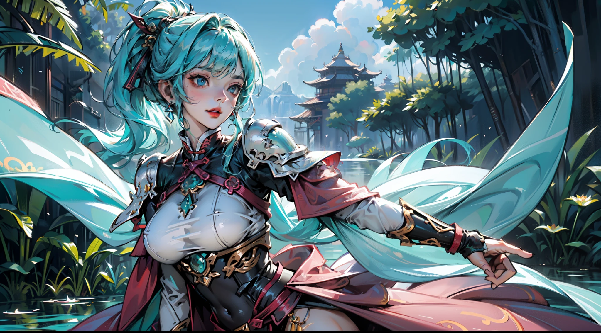 1female,(((solo))), 21 years old,,mature,plumw,extremely large bosom ,Pornographic exposure, 奏,(Background with:the rainforest,lotus flower,ponds,stunning view,with blue sky and white clouds) Keep hair long,laying underwater,seen from the front,(((cyan hair))), hair straight, mostly cloudy sky,(((tmasterpiece),(Very detailed CG unity 8K wallpaper),best qualtiy,cinmatic lighting,detailed back ground,beatiful detailed eyes,,Redlip(Very fine and beautiful),(Beautiful and detailed eye description),ultra - detailed,tmasterpiece,)),facing at camera,A high resolution,ultra - detailed),revealing breastare genitalia, Bulge,legs are open,Raised sexy,Camel toelushed complexion,Open-mouthed,frontage,Mongol cavalry,(Wearing:pink capelet,Armour,Bare lower body,Bare breastare ,pink and black color scheme,Hanfu,Iron Man Mech),
