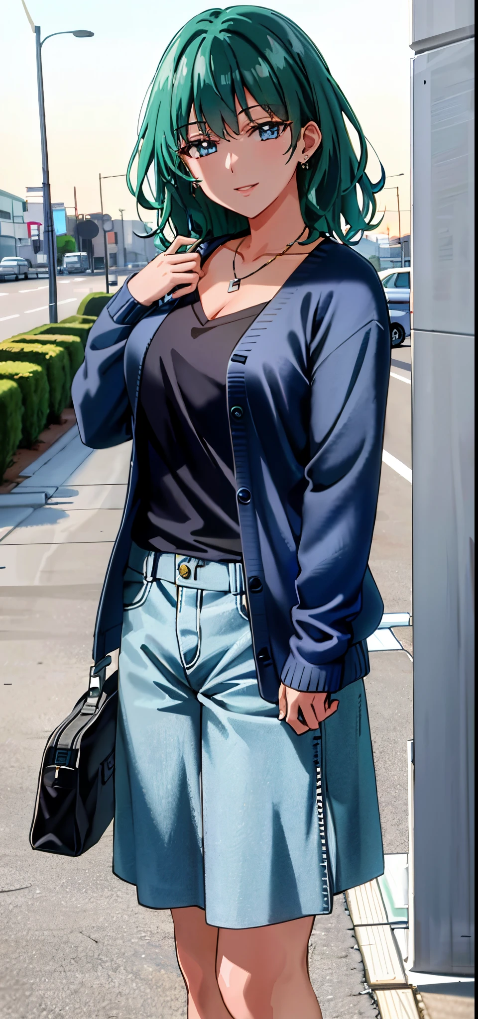 (8k, best quality, masterpiece:1.2),(best quality:1.0),ultra highres:1.0, extremely detailed, render, 4k, absurdres, HDR, looking at viewer, bare shoulders, lips, parted lips, smiling, medium breasts:1.3, medium full shot, sunset, evening sky, wind, breeze:1.2, mature women, medium hair, aqua eyes, casual outfit, wearing cardigan, medium full shot, cowboy shot