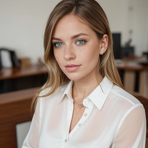 Detailed photorealistic upper body portrait of Chloe Francois, ((dressed with an open white blouse)), fully clothed, stunning, anatomical correct face, blue eyes accurate, (( light freckles)), windswept hair, in her office