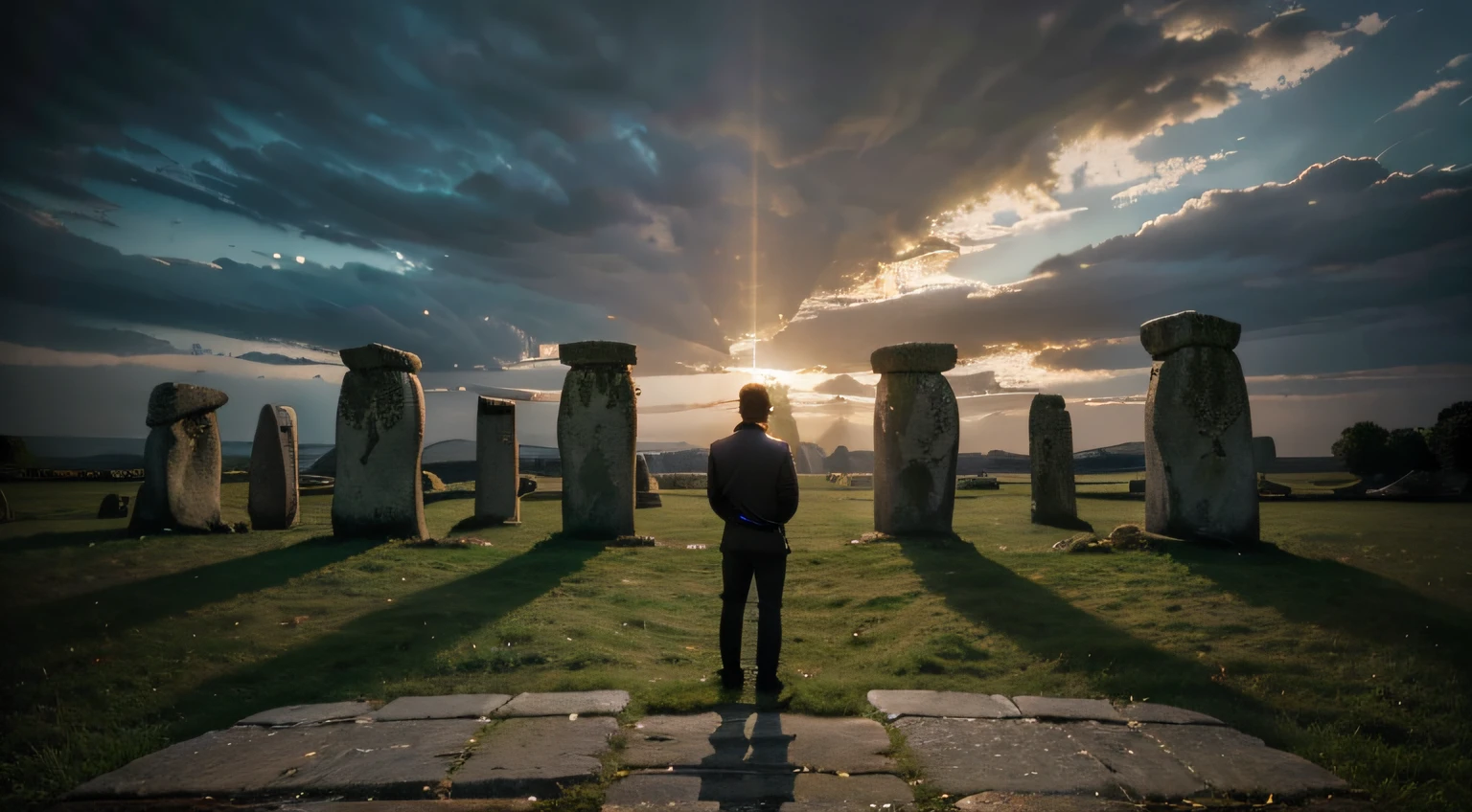 un hombre mirando Stonehenge,Vista de cuerpo completo,antiguo monumento de piedra,piedras altas,prehistoric site,Paisaje impresionante,Ambiente tranquilo,Ambiente misterioso,dramatic clouds,Dramatic lighting,Vista cautivadora,Paisajes fascinantes,Estructura imponente,de pie contra las piedras,observando el sitio antiguo,Expression astonished,Estar absorto,wondering about its origin,intense focus,contemplando los misterios de la historia,fascinado por la grandeza de Stonehenge,asombrado por la majestuosidad del monumento,hipnotizado por la naturaleza circundante,deep connection with the ancient world,Feeling small and insignificant,Entorno tranquilo,figura solitaria en el vasto paisaje,golden sunset casting a warm glow on the scene,suave brisa susurrando la hierba,Susurros silenciosos del pasado,Faint echoes of ancient rituals.,powerful energy emanating from stones,Secretos intrigantes que esperan ser desvelados,el paso del tiempo congelado en piedra,Colores y texturas fascinantes,Impeccable attention to detail,claridad y nitidez excepcionales,Renderizado ultrarrealista,Impacto visual sorprendente,Colores vibrantes y vivos,dynamic composition,incredibly realistic representation,impresionante calidad fotorrealista,Unparalleled sense of depth and dimension.,professional and masterful execution,experiencia inmersiva y realista. (La mejor calidad, Altas Resoluciones, Ultra detallado, realista, vivid colors, foco nítido, impresionante) (Retratos, Paisaje, Artistas conceptuales) (Soft warm tones, dramatic atmosphere) (Studio lighting, Bokeh)