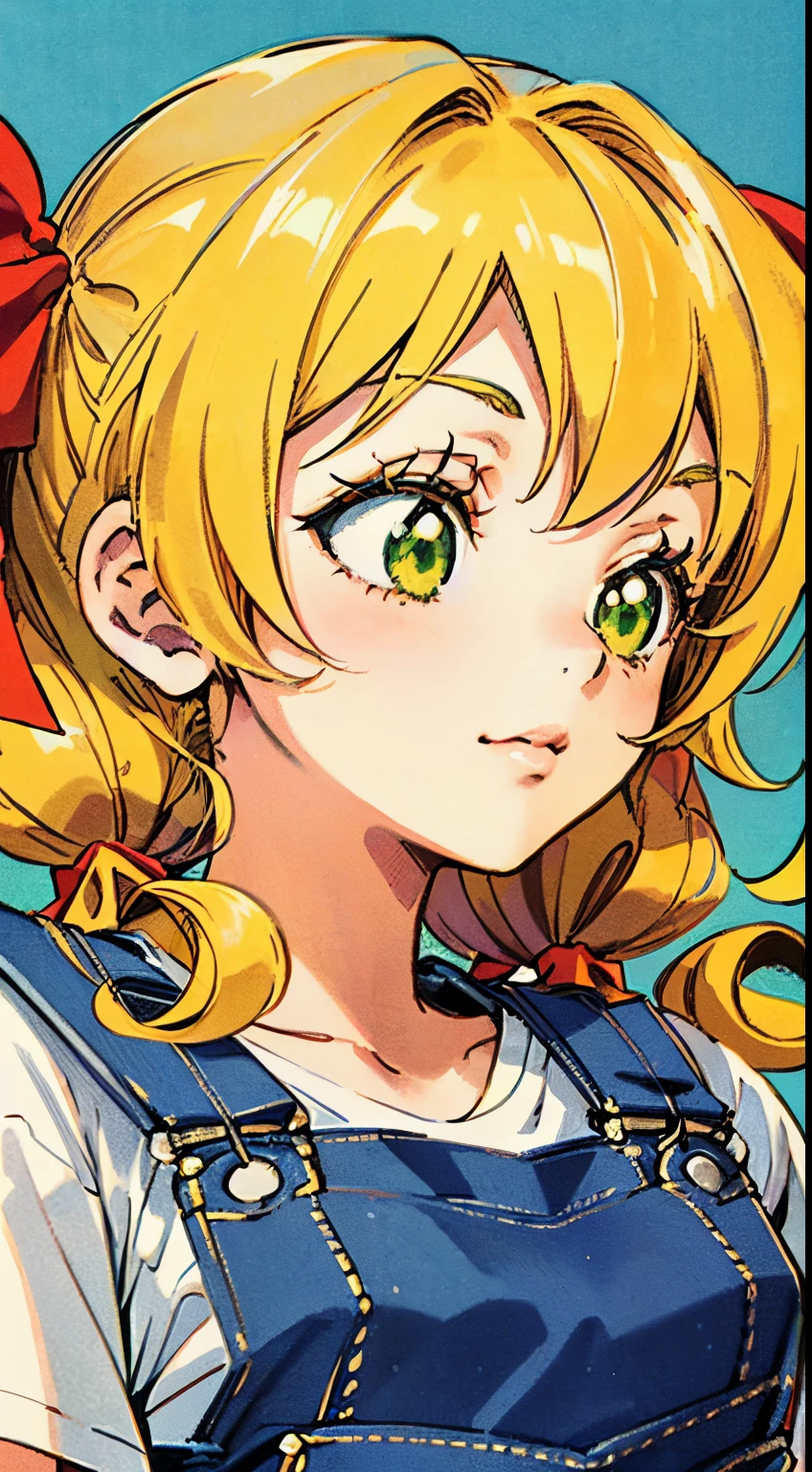 (((CANDY CANDY ANIME STYLE))), ((1 **** girl, ****)), (((yellow hair, very fluffy pigtails))), shadow in the hair, [[[[[Hair covers ears]]]]],  neck length hair, ((curly hair, curvy hair, 2 red bows)), long eyelashes, eyeliner, ((green eyes)), slight smile, closed mouth, ((((Short white t-shirt, red old overalls)))), face focus, upper body, Looking away, best quality, ((70s anime style, anime 70s coloring)).