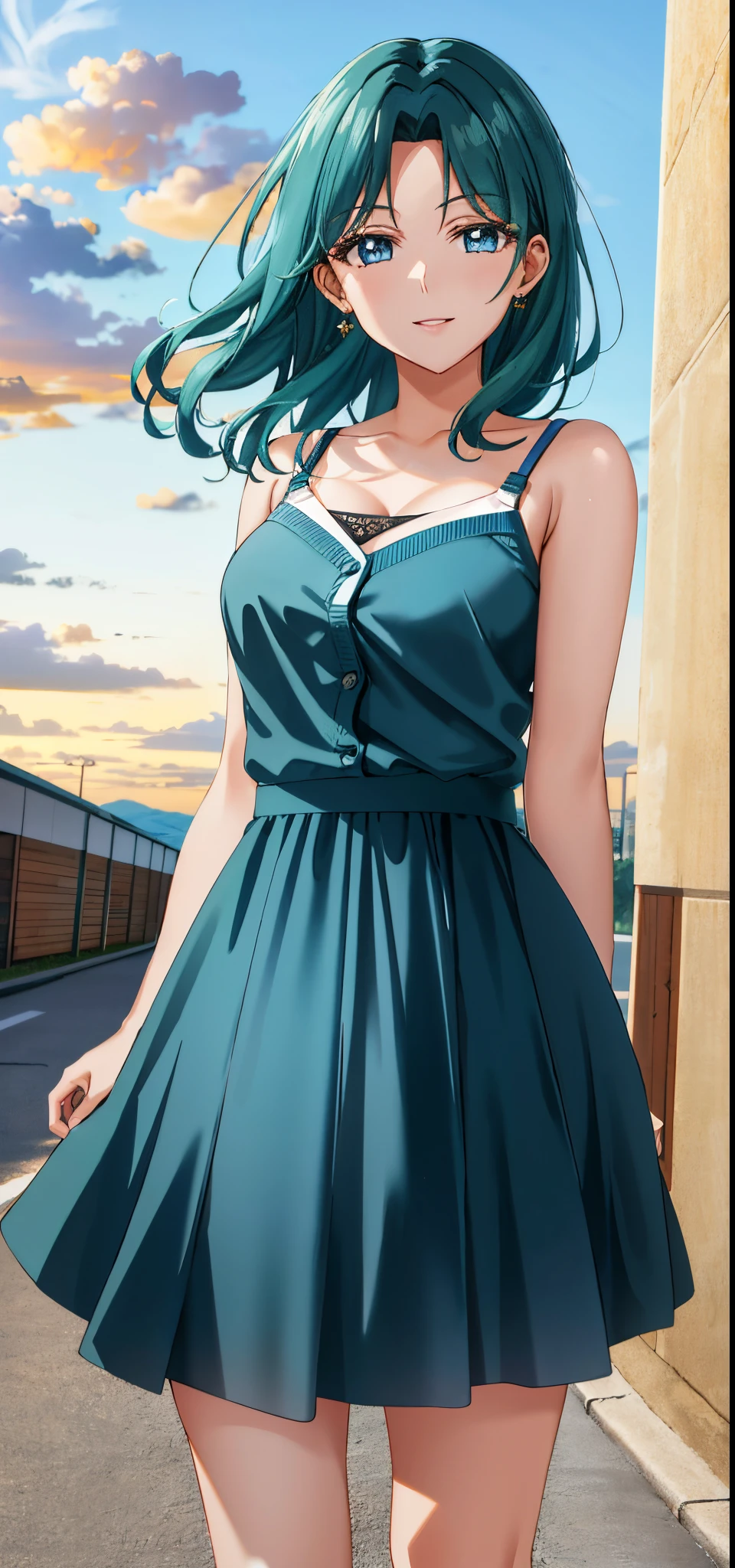 (8k, best quality, masterpiece:1.2),(best quality:1.0),ultra highres:1.0, extremely detailed, render, 4k, absurdres, HDR, looking at viewer, bare shoulders, lips, parted lips, smiling, medium breasts:1.3, medium full shot, sunset, evening sky, wind, breeze:1.2, mature women, medium hair, aqua eyes, casual outfit, wearing cardigan, medium full shot, cowboy shot, parted bangs, showing forehead
