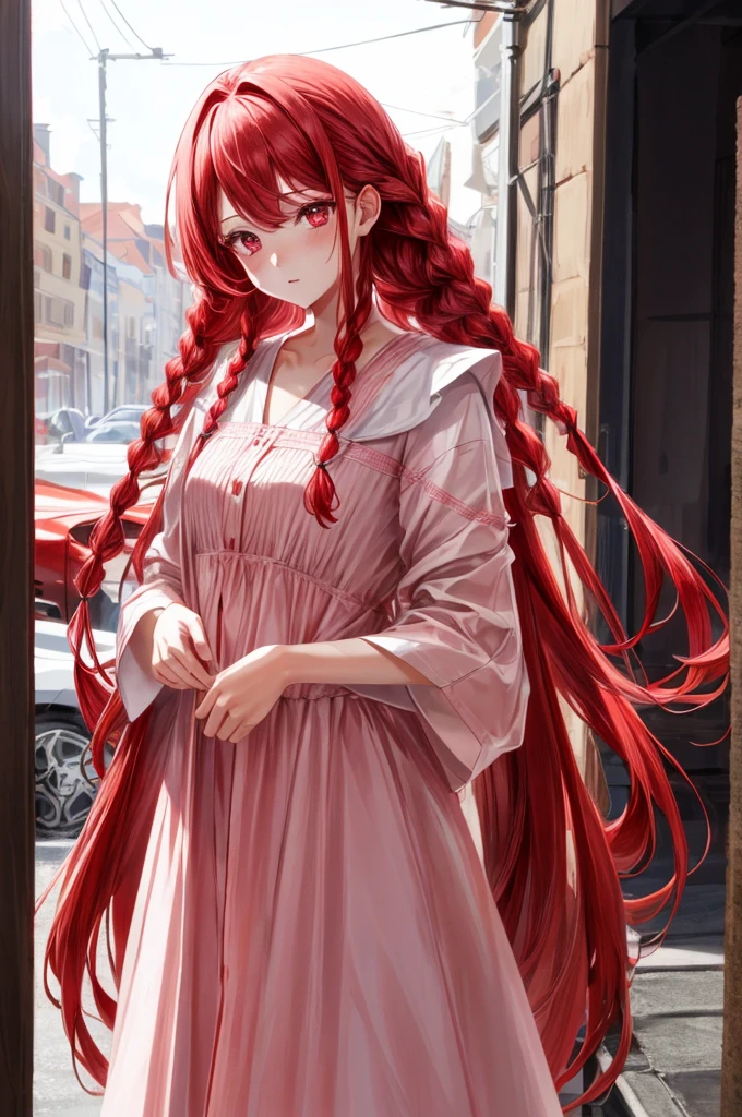red braids, long red hair, pink eyes, small breast, white clothes, girl, adult, 8k, 4k, ultrahd, realistic, cute