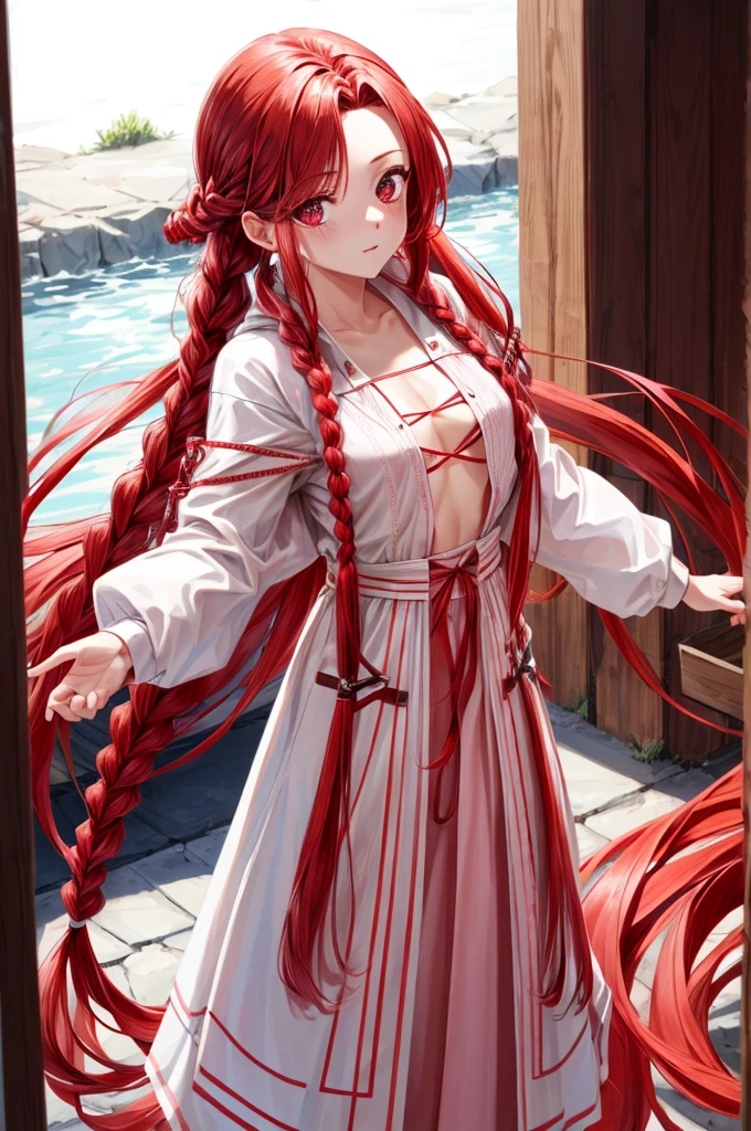red braids, long red hair, pink eyes, small breast, white clothes, girl, adult, 8k, 4k, ultrahd, realistic, cute