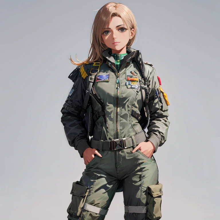 Mujer arafed con una chaqueta de cuero verde y pantalones posando para una foto., en traje de vuelo, Traje de vuelo, Llevar traje de vuelo, Enfoque en el traje de vuelo anti-G, wearing human air force jumpsuit, Advanced Technology Flight Suit, Chica piloto de aviones de combate de los 70, Llevar un traje de vuelo sucio y rasgado, Personaje principal femenino, Technological flight suit, sci - fi pilot