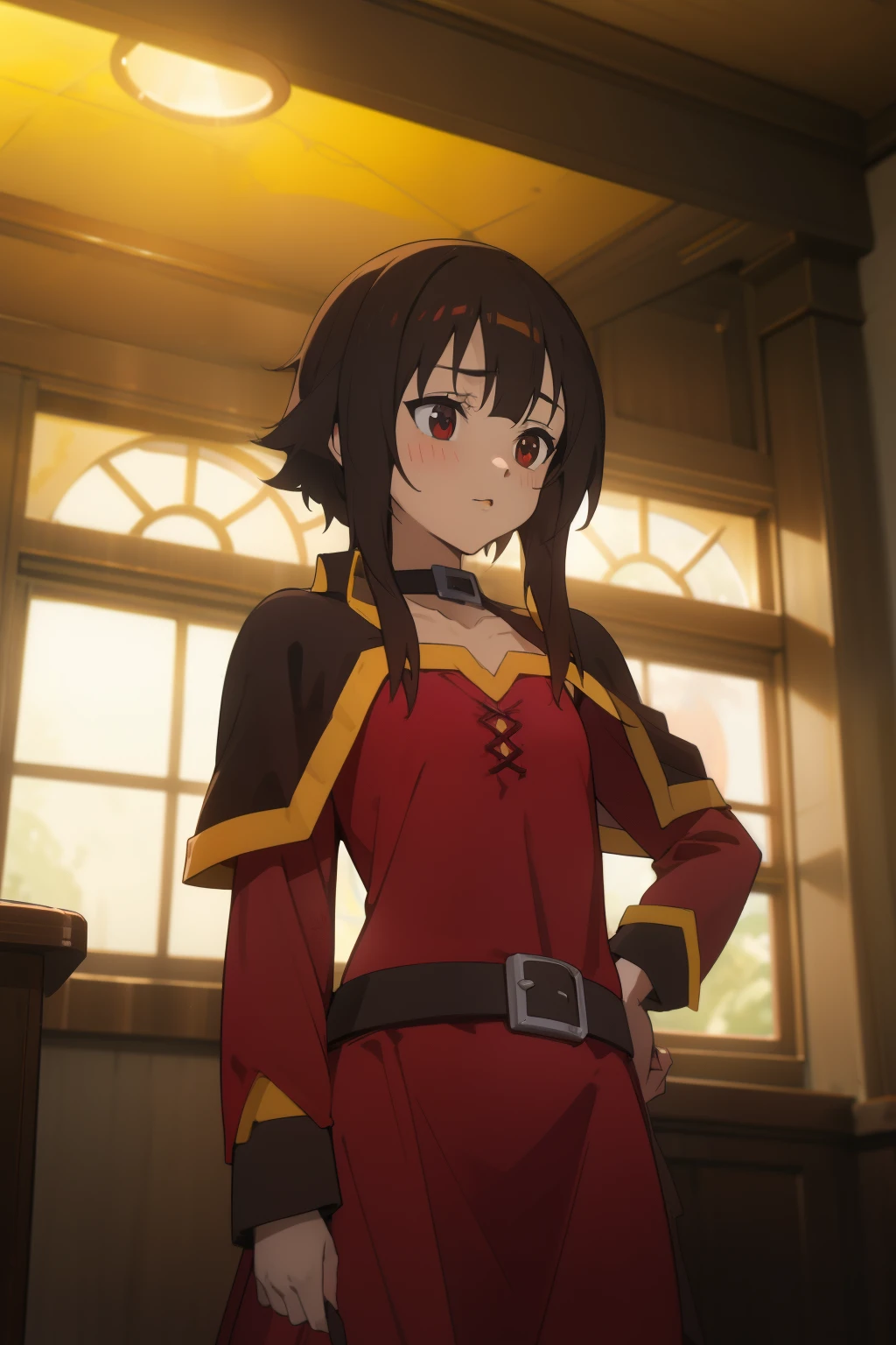 (Chica hiper realista:1.2), (( Megumin)), (Konosuba), cuerpo completo, Single Body, Esperando, sentado en el suelo, (muslos internos expuestos), rodillas dobladas, ((pelo corto)), smal boobs:1.3, Female Room, Sala de taberna tradicional, hiperrealista, cinematography lighting, (Octane representation), Trazado de rayos, evening lighting, realismo, 8k UHD