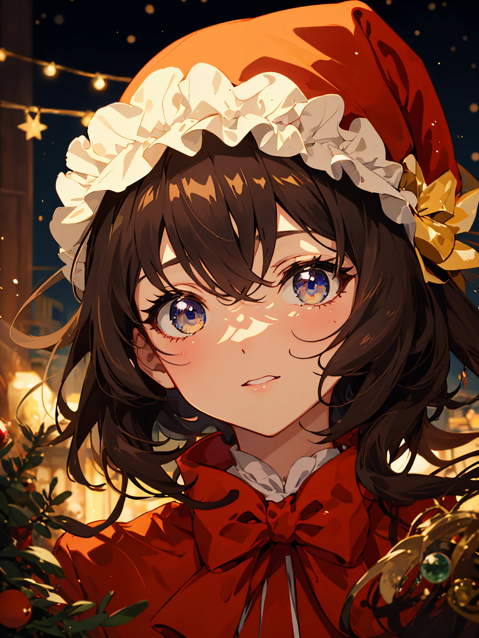 anime girl dans un bonnet et une écharpe de Père Noël debout devant un arbre de Noël, Anime Moe Artstyle, mignon anime fille portrait, mignonnes portraits de filles d'anime, Portrait réaliste kawaii, Taliyah de jeunesse, portrait mignon, mignon anime fille, Légumine, Zenra Taliyah, par Kanbun Master, Portrait d'une jolie fille d'anime, portrait anime fille, Zerochan Art