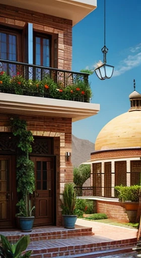 House made of bricks with hanging gardens. Persian architecture, rugs, domes, bright, painted windows, abstract