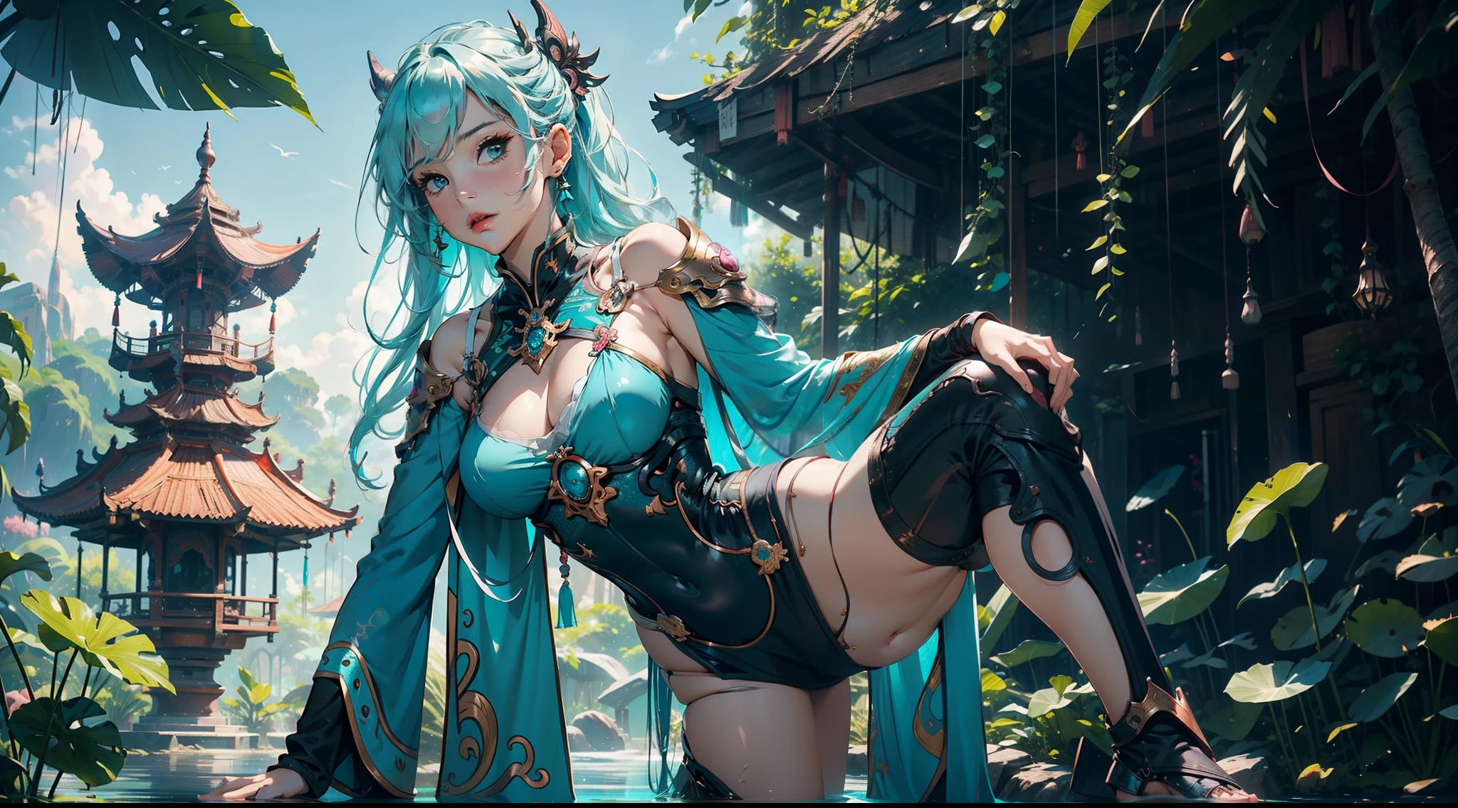 1female,(((solo))), 21 years old,,mature,plumw,extremely large bosom ,Pornographic exposure, 奏,(Background with:the rainforest,lotus flower,ponds,stunning view,with blue sky and white clouds) Keep hair long,laying underwater,seen from the front,(((cyan hair))), hair straight, mostly cloudy sky,(((tmasterpiece),(Very detailed CG unity 8K wallpaper),best qualtiy,cinmatic lighting,detailed back ground,beatiful detailed eyes,,Redlip(Very fine and beautiful),(Beautiful and detailed eye description),ultra - detailed,tmasterpiece,)),facing at camera,A high resolution,ultra - detailed),revealing breastare genitalia, Bulge,legs are open,Raised sexy,Camel toelushed complexion,Open-mouthed,frontage,Mongol cavalry,(Wearing:cyan capelet,Armour,Bare lower body,Bare breastare ,pink and black color scheme,Hanfu,Iron Man Mech),