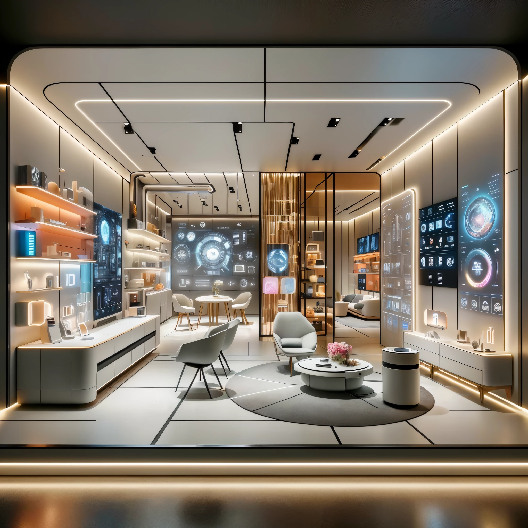 arafed display of a modern living room with a large screen, hyperdetailed samsung store, photograph of 3d ios room, high detailed store, show room scene, luxury showcase, showcase, futuristic interior, retaildesignblog, dark show room, product display, futuristic looking living room, futuristic room, sleek utopian design, by jeonseok lee
