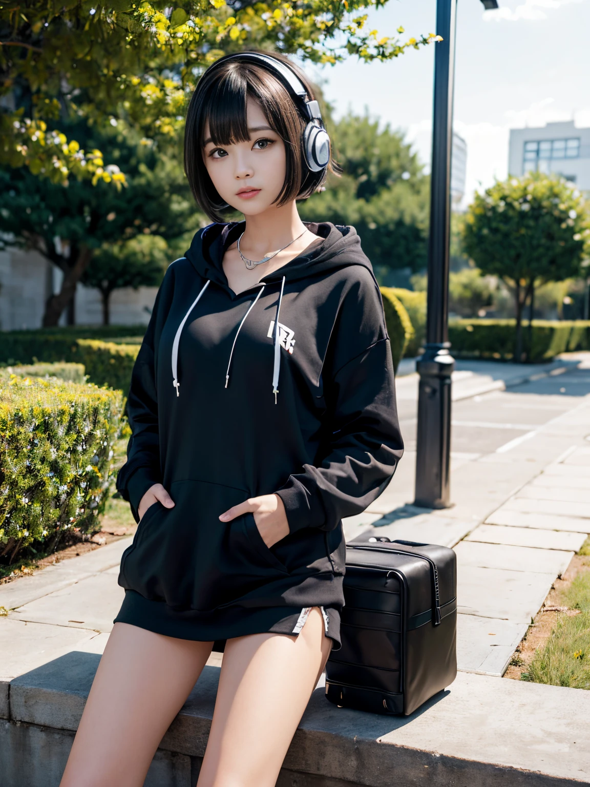 ​masterpiece、ultra-detailliert、8K、((Awesome))、Shorthair with bangs、wearing hoodies、a miniskirt、smil、((Wear jet black headphones around your neck))、sitting on、Open legs、a park、((Put both hands in the pockets of your hoodie))