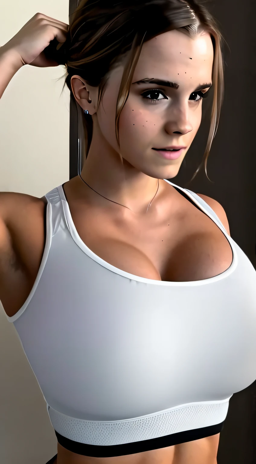 Best quality, 8k, 32k, Masterpiece, (emma watson), sports bra,( huge breasts: 1.1), cleavage