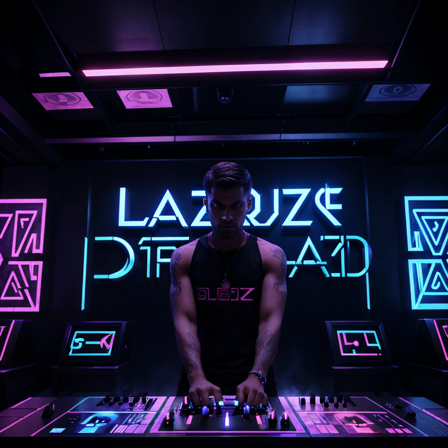 DJ Maze 3d render lettering. Nightclub background. Laser light show