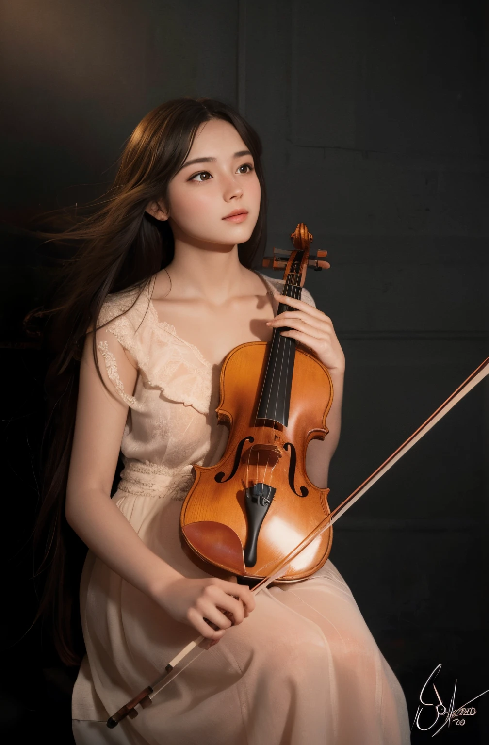 23yr old girl,cute face,long hair,original girl to 3D art,original face,holding violin,soft light,realistic photo,4k,high quality,digital art style