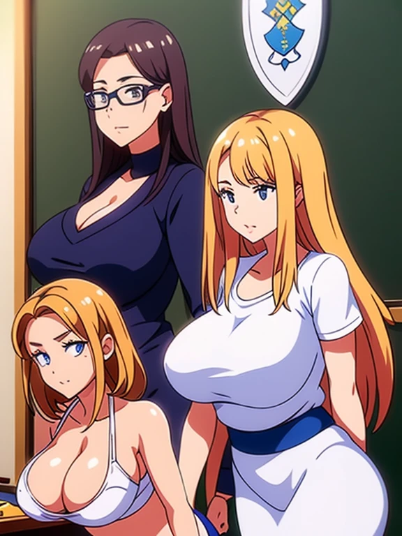 the 3 together standing in the classroom only the student wears glasses. teacher with medium boobs, cabelo vermelho, 25 anos, usando seu uniforme de professora. naughty director with medium boobs, cabelo azul, 31 anos, usando seu terno apertado. Glasses student, pouco gordinha e com seios grandes, cabelo curto e loiro, 19 anos, usando seu uniforme de colegial.
