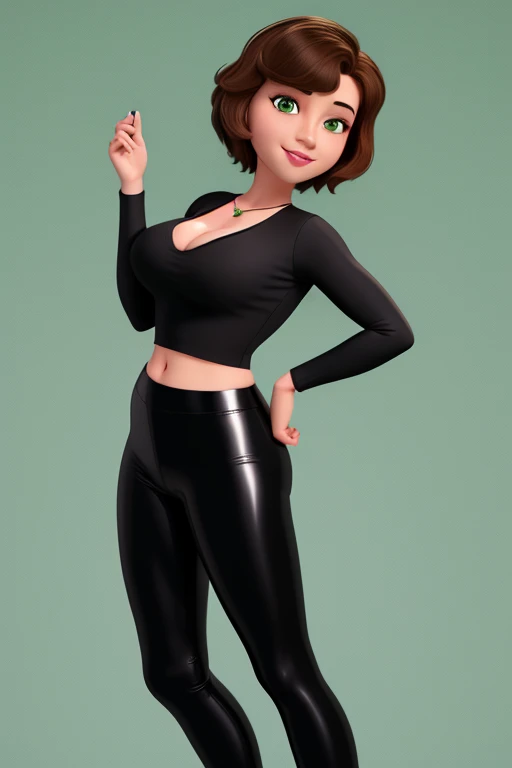 aunt cass, modern disney style,1girl, solo, medium breasts, brown hair, short hair, green crop-top, black shiny leggings, looking at viewer, green eyes, upper body, smile, cleavage, lips, full body portrait