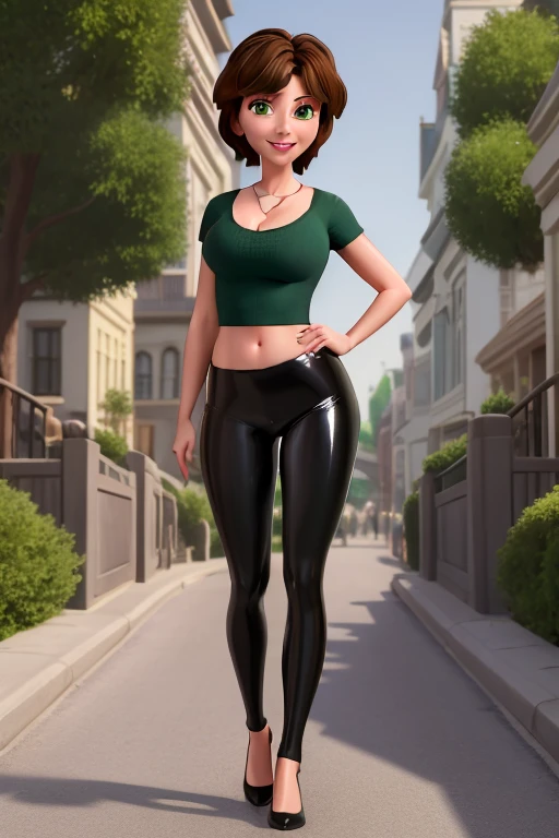 aunt cass, modern disney style,1girl, solo, medium breasts, brown hair, short hair, green crop-top, black shiny leggings, looking at viewer, green eyes, upper body, smile, cleavage, lips, full body portrait