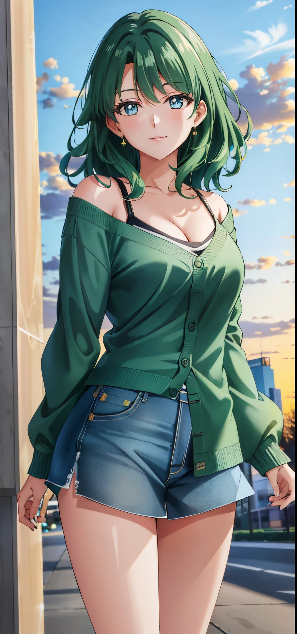 (8k, best quality, masterpiece:1.2),(best quality:1.0),ultra highres:1.0, extremely detailed, render, 4k, absurdres, HDR, looking at viewer, bare shoulders, lips, parted lips, smiling, medium breasts:1.3, medium full shot, sunset, evening sky, wind, breeze:1.2, mature women, medium hair, green hair, aqua eyes, casual outfit, wearing cardigan, medium full shot, cowboy shot, parted bangs, showing forehead