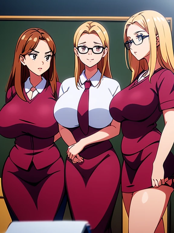 the 3 together standing in the classroom only the student wears glasses. teacher with medium boobs, cabelo vermelho, 25 anos, usando seu uniforme de professora. naughty director with medium boobs, cabelo azul,  31 anos, usando seu terno apertado. Glasses student, pouco gordinha e com seios grandes, cabelo curto e loiro,  19 anos, usando seu uniforme de colegial.