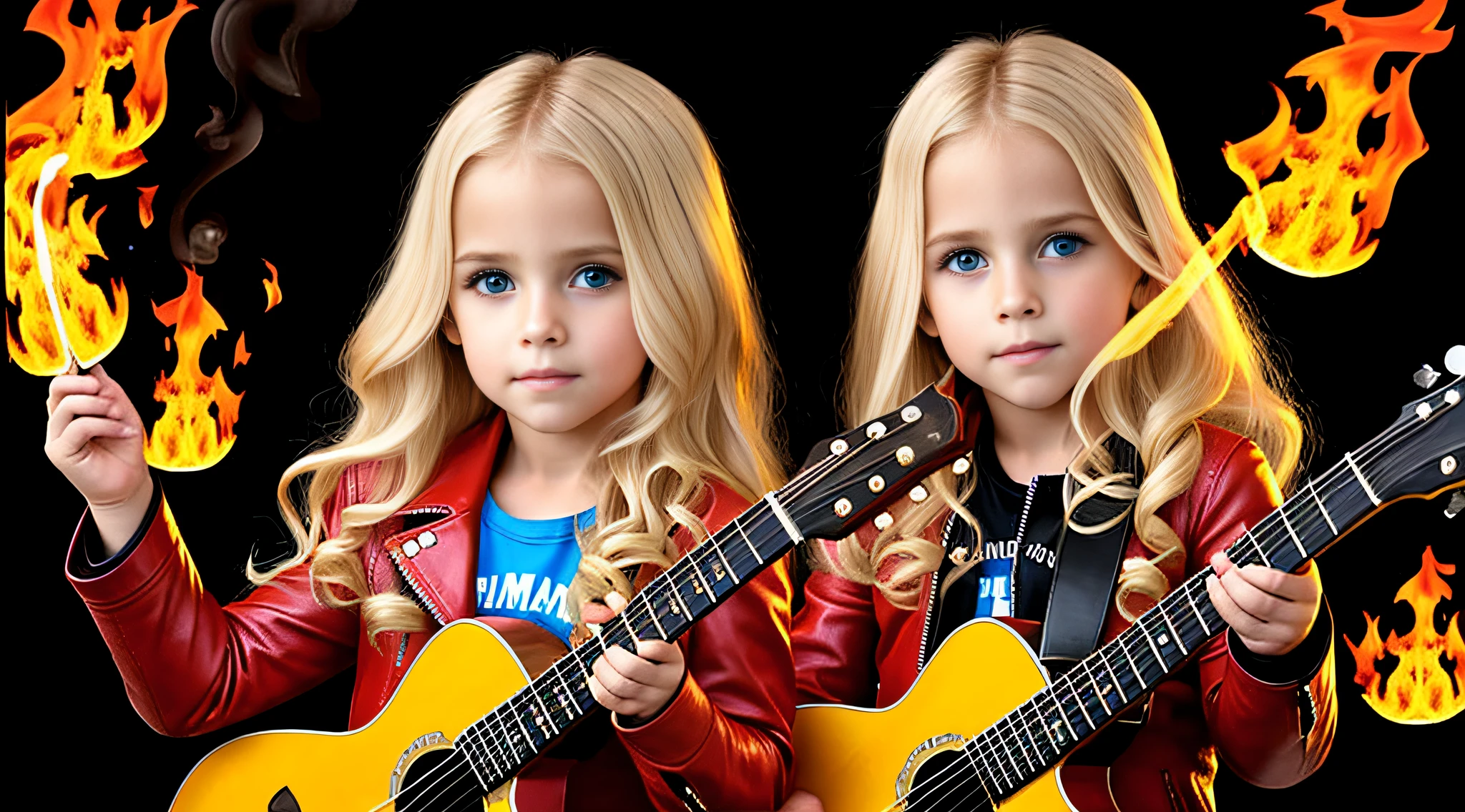blond-haired CHILD girl with blue eyes and long blond hair in a red leather jacket with guitar, cabelo liso, next gen, infantil, cabelo de , three futuristic princes, de Mirabello Cavalori, de Derek Zabrocki, handsome symmetrical faces, childrens, de Bernardino Mei, childrens, de Zahari Zograf, meninotos, Arte Digital. Foto realista, twins, fire music photo, Elementar, retratoESTILO RETRAT, the flames are glowing in the dark with a fiery reflection, chamas de fogo, Chamas no fundo, fogo e chamas, Chamas no fundo, lugar de fogo rugindo, chamas de fogo no fundo, chamas em chamas, chamas de fundo, chamas vermelhas no fundo, fire and flames and smoke, fogo em chamas, muitas chamas, Chama e fogo, fogo no fundo, Multiple flames