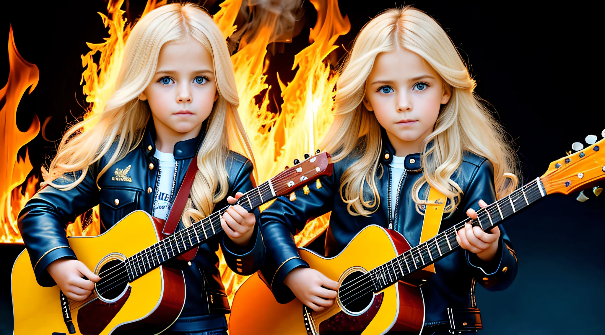 blond-haired CHILD girl with blue eyes and long blond hair in a red leather jacket with guitar, cabelo liso, next gen, infantil, cabelo de , three futuristic princes, de Mirabello Cavalori, de Derek Zabrocki, handsome symmetrical faces, childrens, de Bernardino Mei, childrens, de Zahari Zograf, meninotos, Arte Digital. Foto realista, twins, fire music photo, Elementar, retratoESTILO RETRAT, the flames are glowing in the dark with a fiery reflection, chamas de fogo, Chamas no fundo, fogo e chamas, Chamas no fundo, lugar de fogo rugindo, chamas de fogo no fundo, chamas em chamas, chamas de fundo, chamas vermelhas no fundo, fire and flames and smoke, fogo em chamas, muitas chamas, Chama e fogo, fogo no fundo, Multiple flames