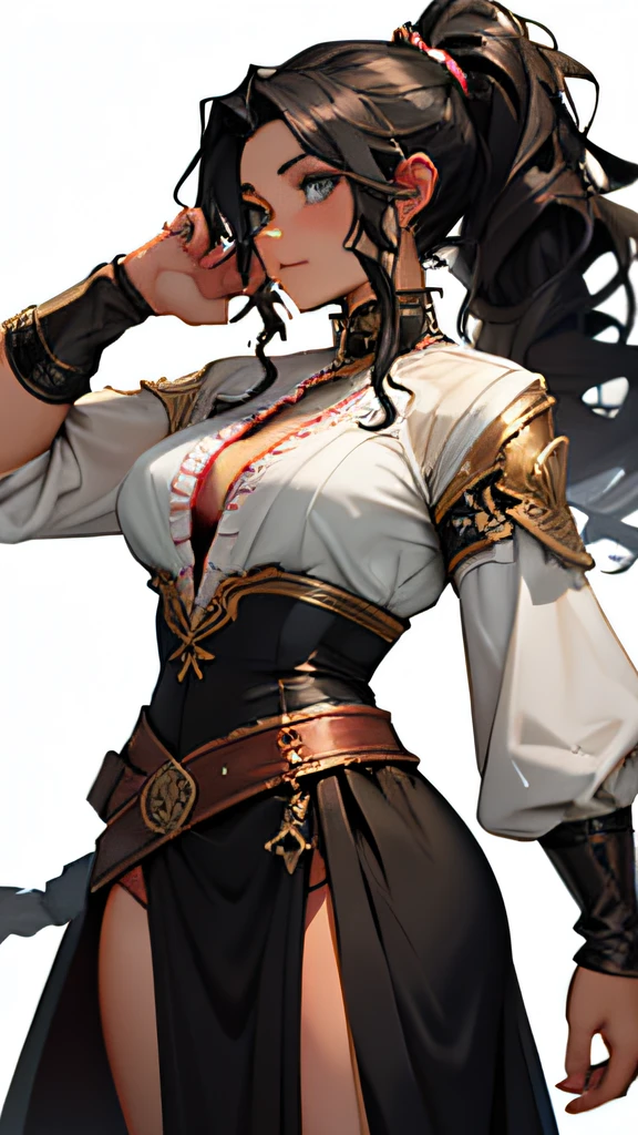 Black hair, Pony tail, Curly wavy hair, Light eyes Muscular woman, fantasy outfit, cloth, clothing