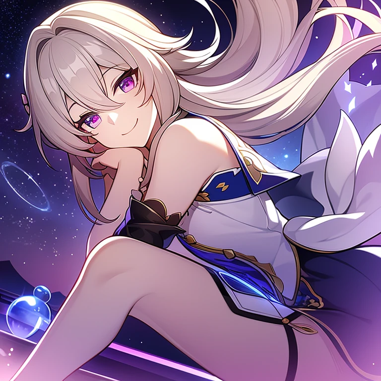 Masterpiece , honkai star rail , solo , 1 female , short platinum blonde hair , blue eyes , small pointy ears , quanta element , abundance path , looking at the viewer , smiling with vampire fangs