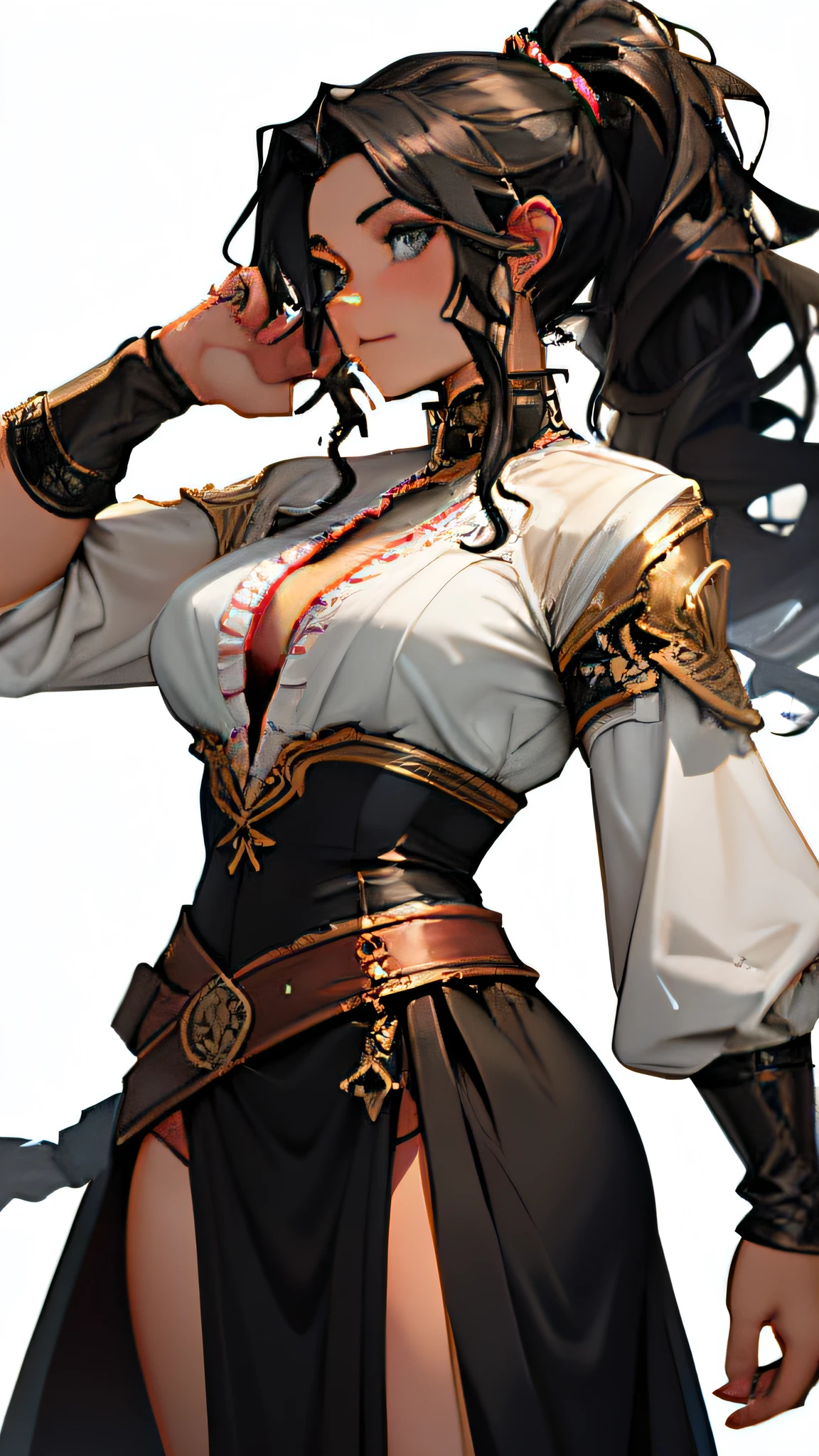 Black hair, Pony tail, Curly wavy hair, Light eyes Muscular woman, fantasy outfit, cloth, clothing