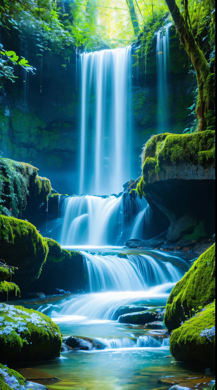 Wallpaper reality, cascading hyper realistic ultra quality, waterfall side flower hyper realistic ultra quality beautiful ultra quality, 8k