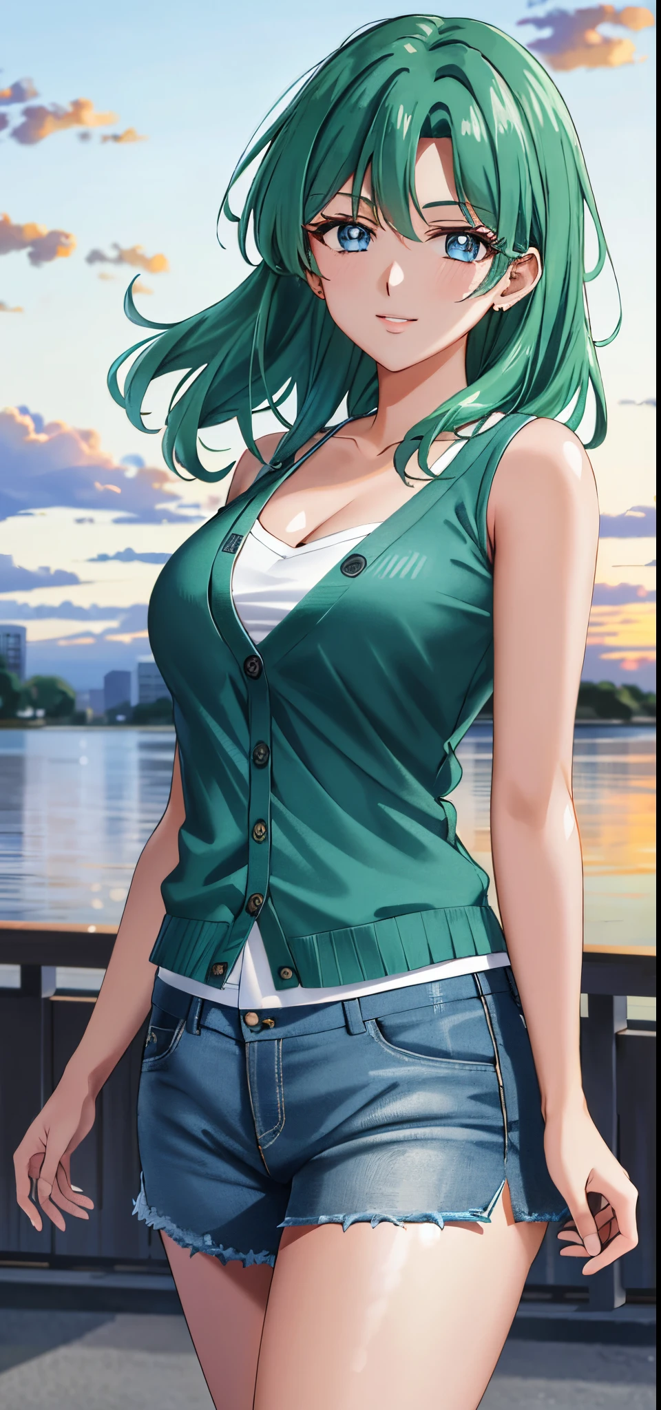 (8k, best quality, masterpiece:1.2),(best quality:1.0),ultra highres:1.0, extremely detailed, render, 4k, absurdres, HDR, looking at viewer, bare shoulders, lips, parted lips, smiling, medium breasts:1.3, medium full shot, sunset, evening sky, wind, breeze:1.2, mature women, medium hair, aqua eyes, green hair, casual outfit, wearing cardigan, medium full shot, cowboy shot, parted bangs, showing forehead, from front