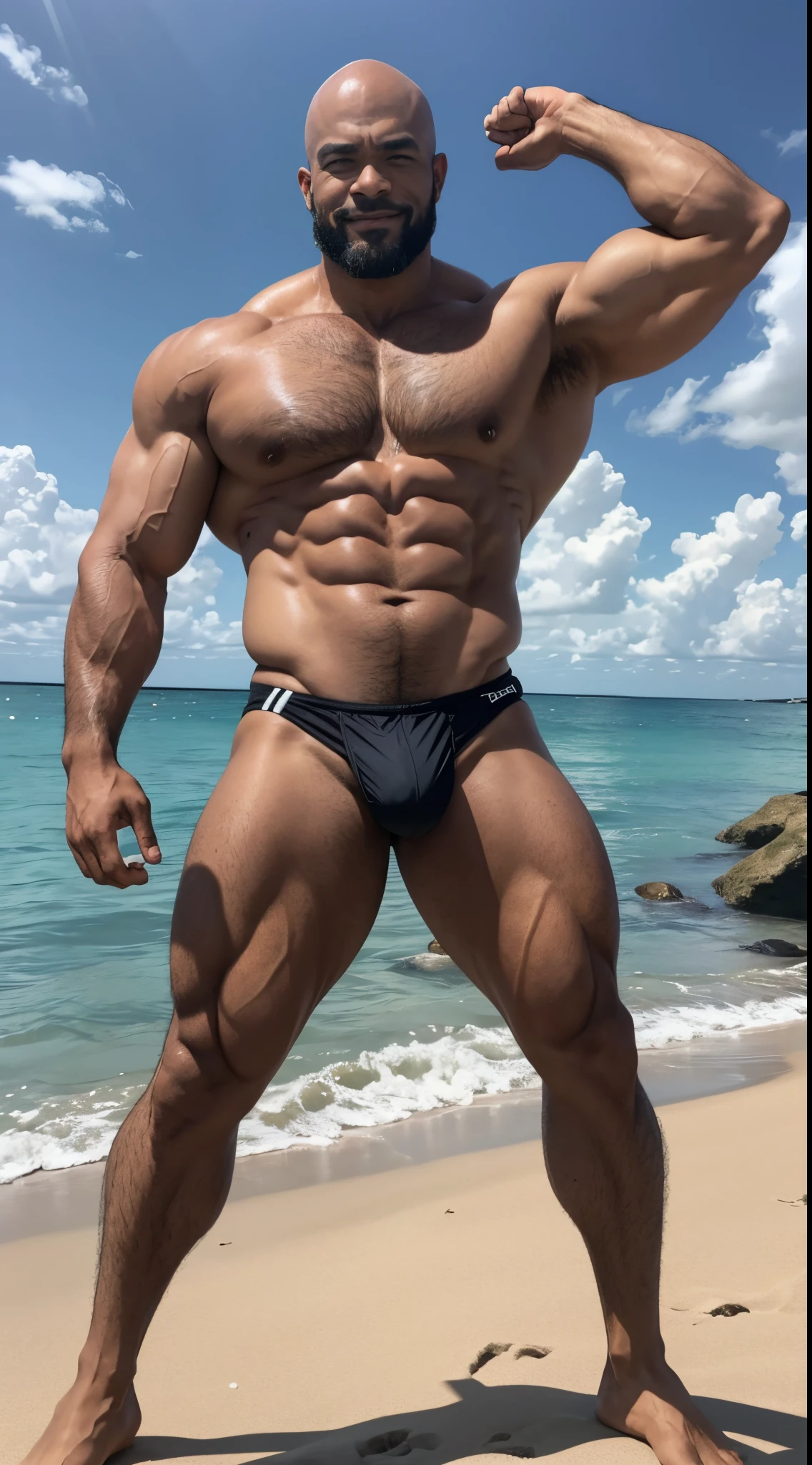 A middle-aged black male bodybuilder posing on a sandy beach。It was noon and the sun was shining brightly on the man.。Looking at the man&#39;s whole body from the front。Place your left arm with your biceps parallel to the ground.、He raised his fist to the height of his head and bent his elbows to emphasize his biceps.、The right arm is also bent at the elbow so that the fist is at waist height.。Broad shoulders and thick neck。The back is large and the body is shaped like an inverted triangle.。The chest is also trained、It is the size of an iron ball。The lower limbs are stood with the toes slightly apart, with the feet apart.、Keep your bare feet firmly on the ground from the toes to the heel.。The thighs are also strong and strong like logs.。The man has slightly thick eyebrows, a bald head, and a short beard around his mouth, but no hair.、Although he has a tough face, he smiles a little and gives the impression that he is kind.。The man has black hair growing on his armpits and lower abdomen.。The man is wearing a tight red swimsuit、The swimsuit managed to hide his large erect penis.。Every part of a man&#39;s body is trained。