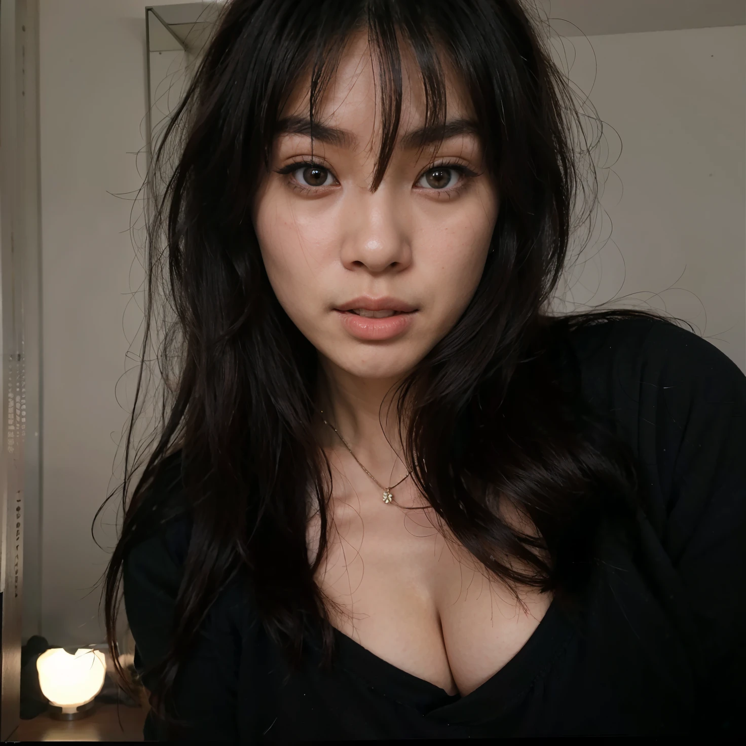 tem uma mulher com cabelo comprido e blusa preta, Asian girl, Ela tem cabelo preto com franja,  retrato da menina, an Asian woman, a young asian woman, Asian face, she's facing the camera, asian female, com franja,  look at the camera, Asian girl with long hair, young asian girl, young cute wan asian face, Beautiful Asian girl