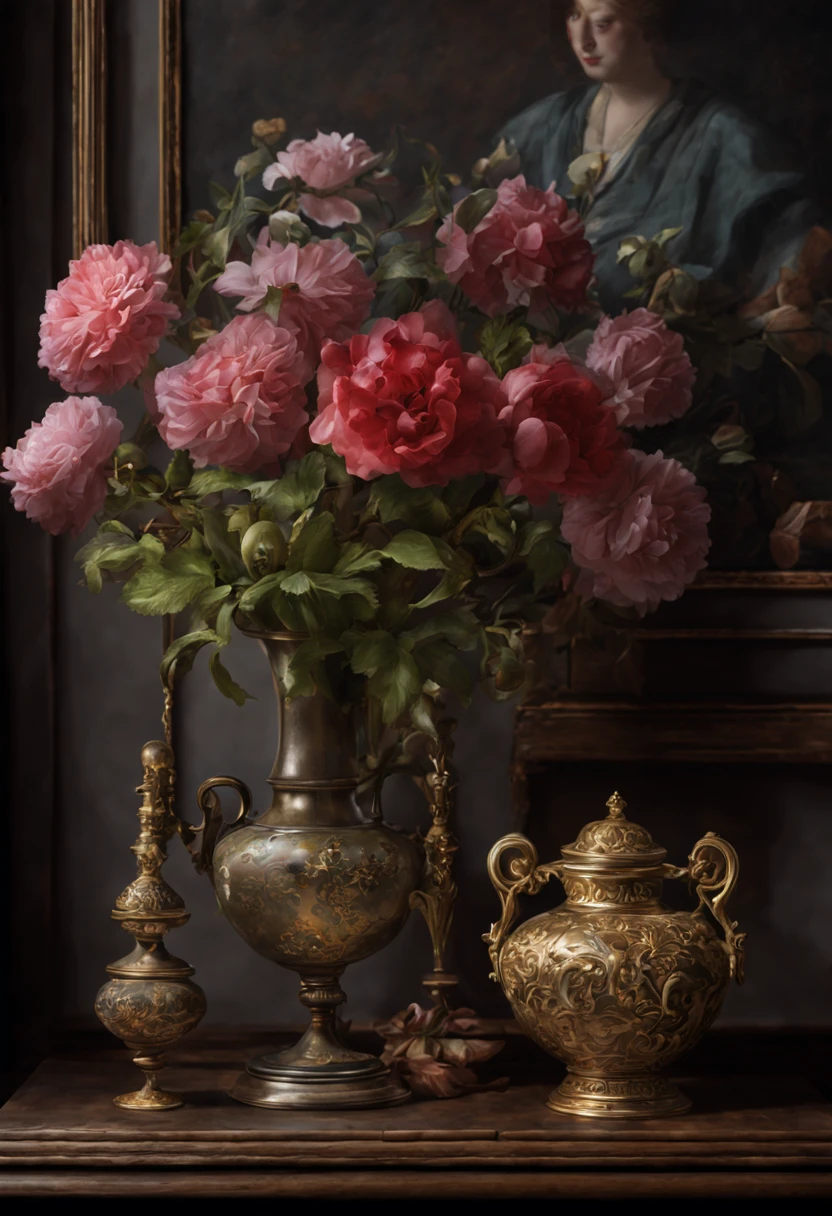 framed picture of oil painting still life with flowers in vase, historical jewelry, in the historical interior environment, darkened room, cinematic lighting, contrast lighting, raw --v 5.2