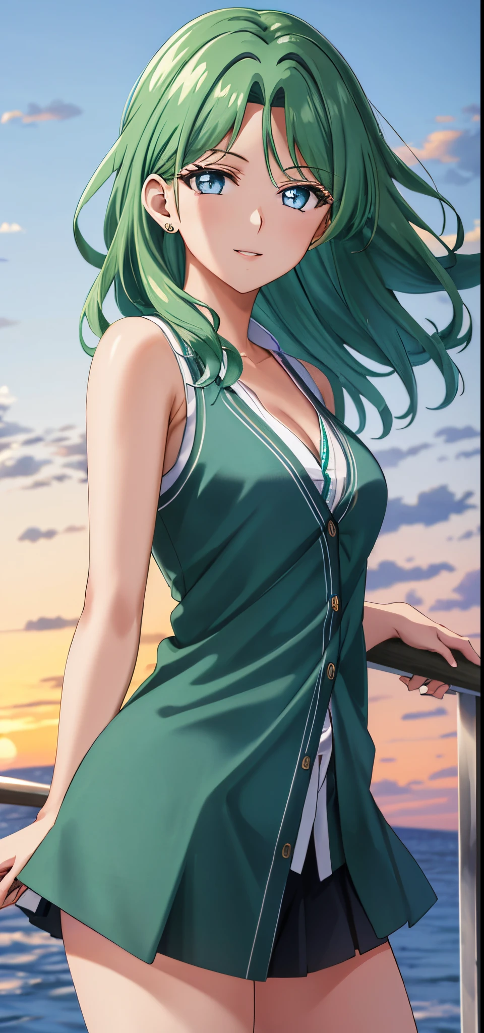 (8k, best quality, masterpiece:1.2),(best quality:1.0),ultra highres:1.0, extremely detailed, render, 4k, absurdres, HDR, looking at viewer, bare shoulders, lips, parted lips, smiling, medium breasts:1.3, medium full shot, sunset, evening sky, wind, breeze:1.2, mature women, medium hair, aqua eyes, green hair, casual outfit, wearing cardigan, medium full shot, cowboy shot, parted bangs, showing forehead