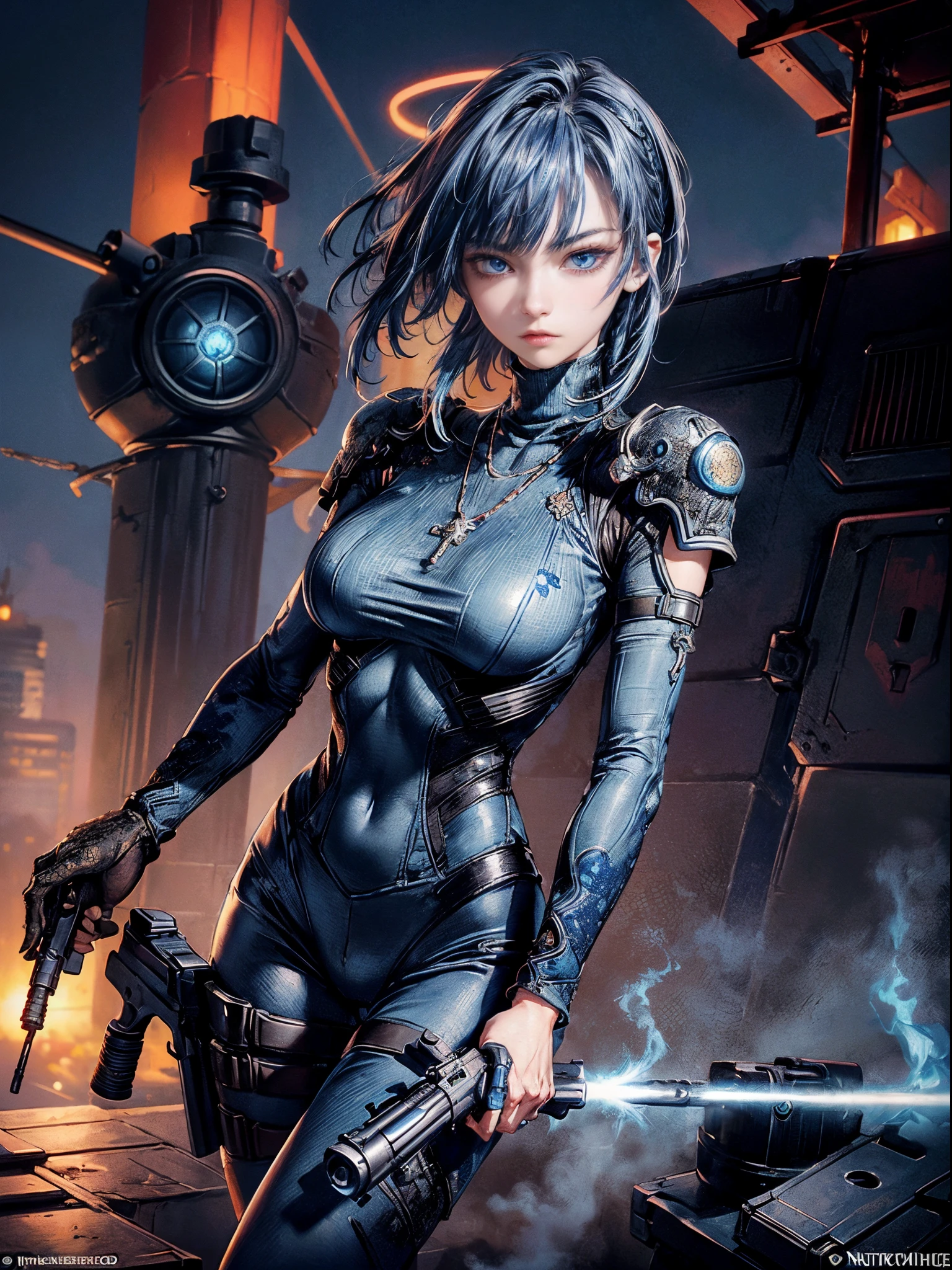 Cinematic lighting、16k picture quality、highlydetailed skin、masutepiece,(1girl in, Solo:1.2)、Best Quality,cyberpunked,(Detailed beautiful facial featureedium Hair、Blue hair、blue eyess:1.3)Rosary Necklace、
BREAK、Rock style turtleneck style battle suit, (one hand holding a gun、point the gun here:1.4)hold a gun、natta、On the rooftop、destroyed helicopter