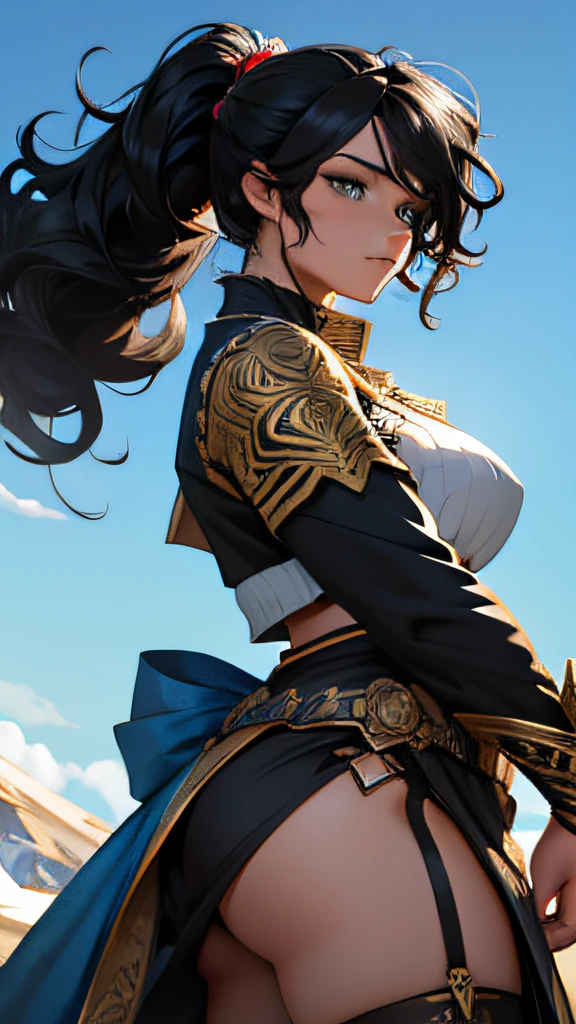 Black hair, Pony tail, Curly wavy hair, Light eyes Muscular woman, fantasy outfit, cloth, clothing