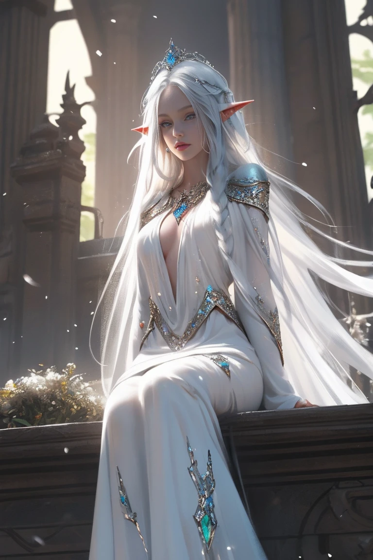 1 woman wearing a crown, Beautiful and elegant elf princess, Guviz, fantasy art style, 8K high quality detail art, elf princess, Digital fantasy art , beautiful elven princess, beautiful and elegant female elf,（Perfect full-body portrait，tilt of the head，off and on,），（WLOP painter style，sparkly eye shadow）， (Long white hair，White-colored skin，Elf Girl，Translucent and fair skin，Eyes sparkle，The elves all wear pure white clothes)，pretty  face，（Lonely pale face），face to the viewer，Particle，Gruwitz style artwork, phlegm art，（Volumetriclighting），Atmospheric perspective，dust particle，axes