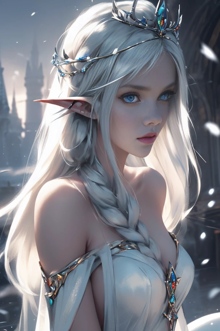 1 woman wearing a crown, Beautiful and elegant elf princess, Guviz, fantasy art style, 8K high quality detail art, elf princess, Digital fantasy art , beautiful elven princess, beautiful and elegant female elf,(Perfect full-body portrait,tilt of the head,off and on,),(WLOP painter style,sparkly eye shadow), (Long white hair,White-colored skin,Elf Girl,Translucent and fair skin,Eyes sparkle,The elves all wear pure white clothes),pretty face,(Lonely pale face),face to the viewer,Particle,Gruwitz style artwork, phlegm art,(Volumetriclighting),Atmospheric perspective,dust particle,axes