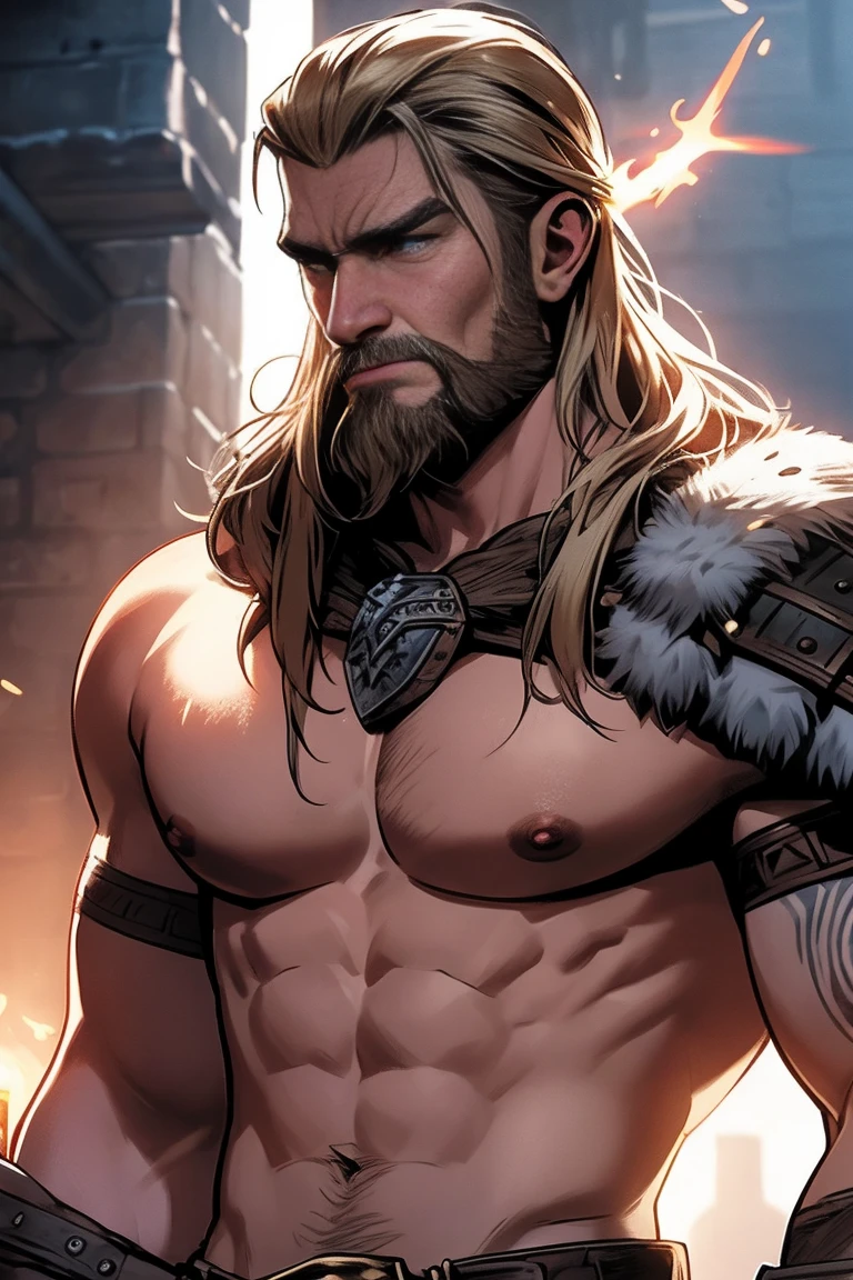 Close-up shot(Marvel's Viking style:1.3)epic,rim-light,Warcraft,,very detailed nipples,smog,spark of light,metal shaving chips,volumettic light