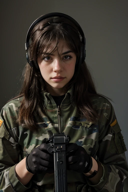1 woman,assault_rifle,Blurry,Blurry_background,Blurry_foreground,Colors_aberration,depth_of_field,Gloves,goggles,goggles_on_head,Headphones on head,helmet,holding_gun,holding_weapon,military,exercise_blurred,Photo_(Mediate),realistic,soldier,only_Focus, delete,Trigger_discipline,uniform,weapon,masterpice，High resolution，High quality，fine image，（（command，Camouflage uniform）），in front of the lens，heroic look