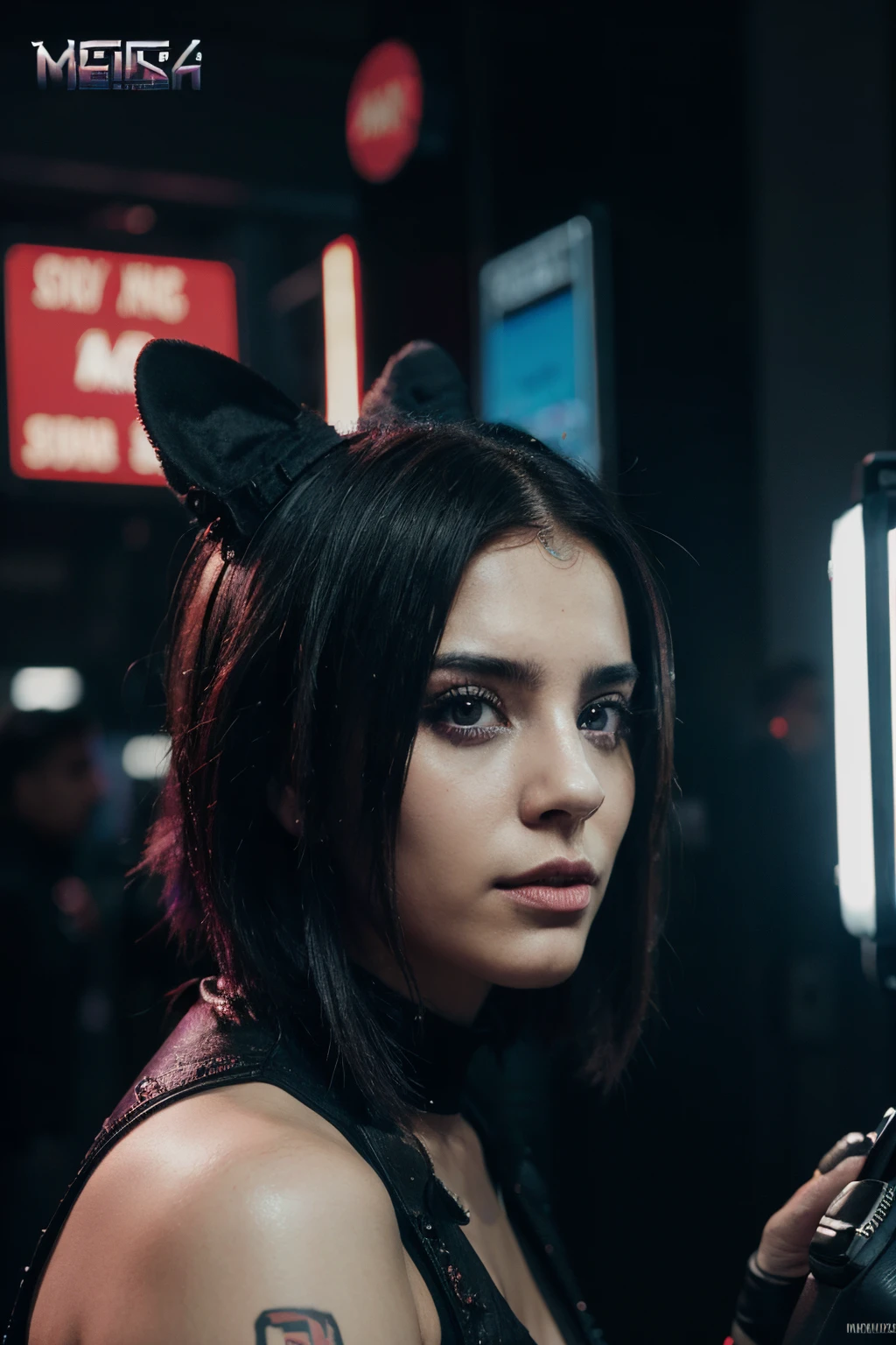 Change cyberpunk background Bad Bunny with 2 more singers . Caras realista .8K ultra realista. song poster, with title below: "Mi mentirosa"