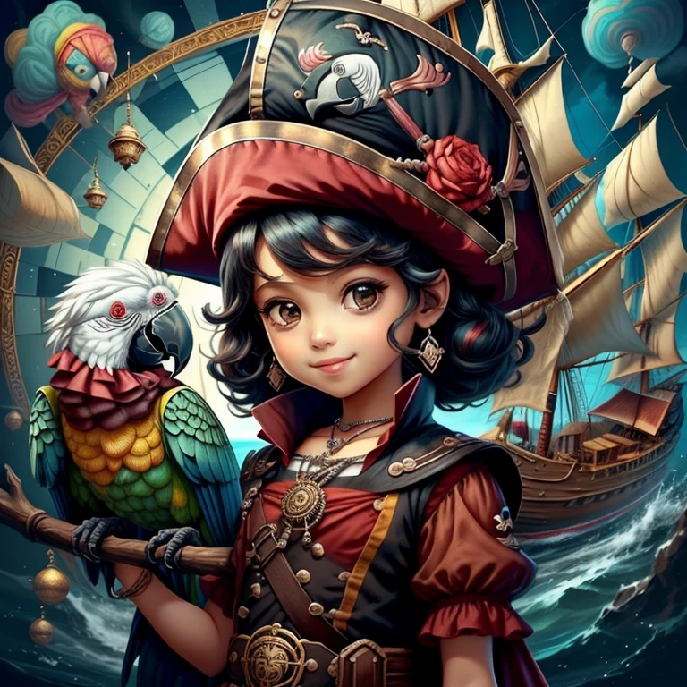 (cute black  girl pirate smiling with ship and parrot) stylized identical to 1940 |)), acolchoamento ,multidimensional geometric wall PORTRAIT, arte, Chibi,
Yang016K, lindo,(( cor vermelha predominante, rosa e branco))
Primary works, qualidade superior, melhor qualidade, Arte Oficial, Lindo e Estetaduardo Kobra acolchoamento ,multidimensional geometric wall PORTRAIT, arte, Chibo,detalhes