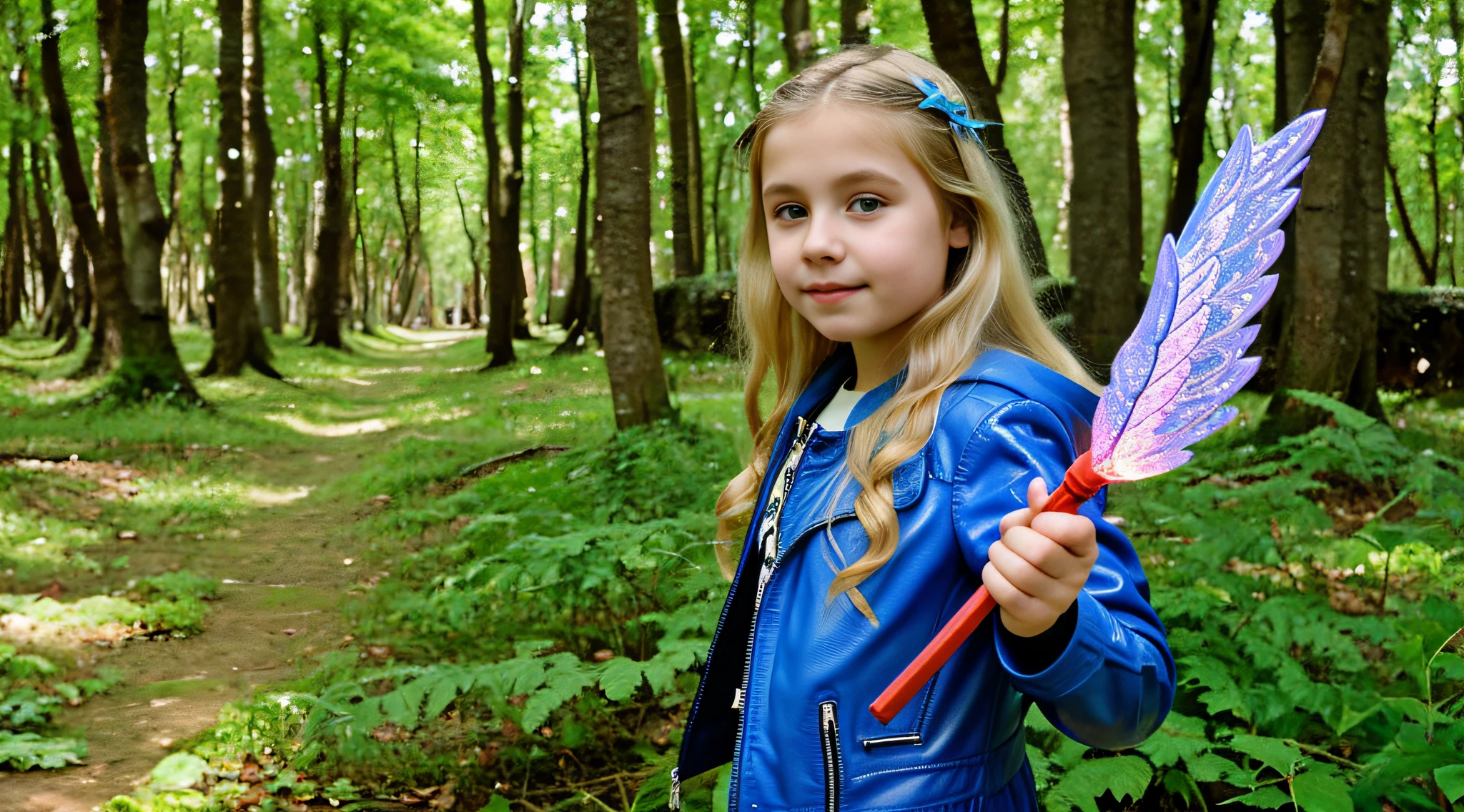 blonde-haired CHILD girl with blue eyes and long blonde hair in a red leather jacket with wings holding a GREEN LASER. , little girl with magical powers, Tron Anjo, menina com asas de anjo, Anjo com asas pretas, Asas de Anjo Corvo, com poderes de magia negra, menina do anjo, asas feitas de luz, de uma menina anjo bonita, portrait of magical young girl, com asas reais, anjo da menina alada, ser angelical brilhante, anjo escuro