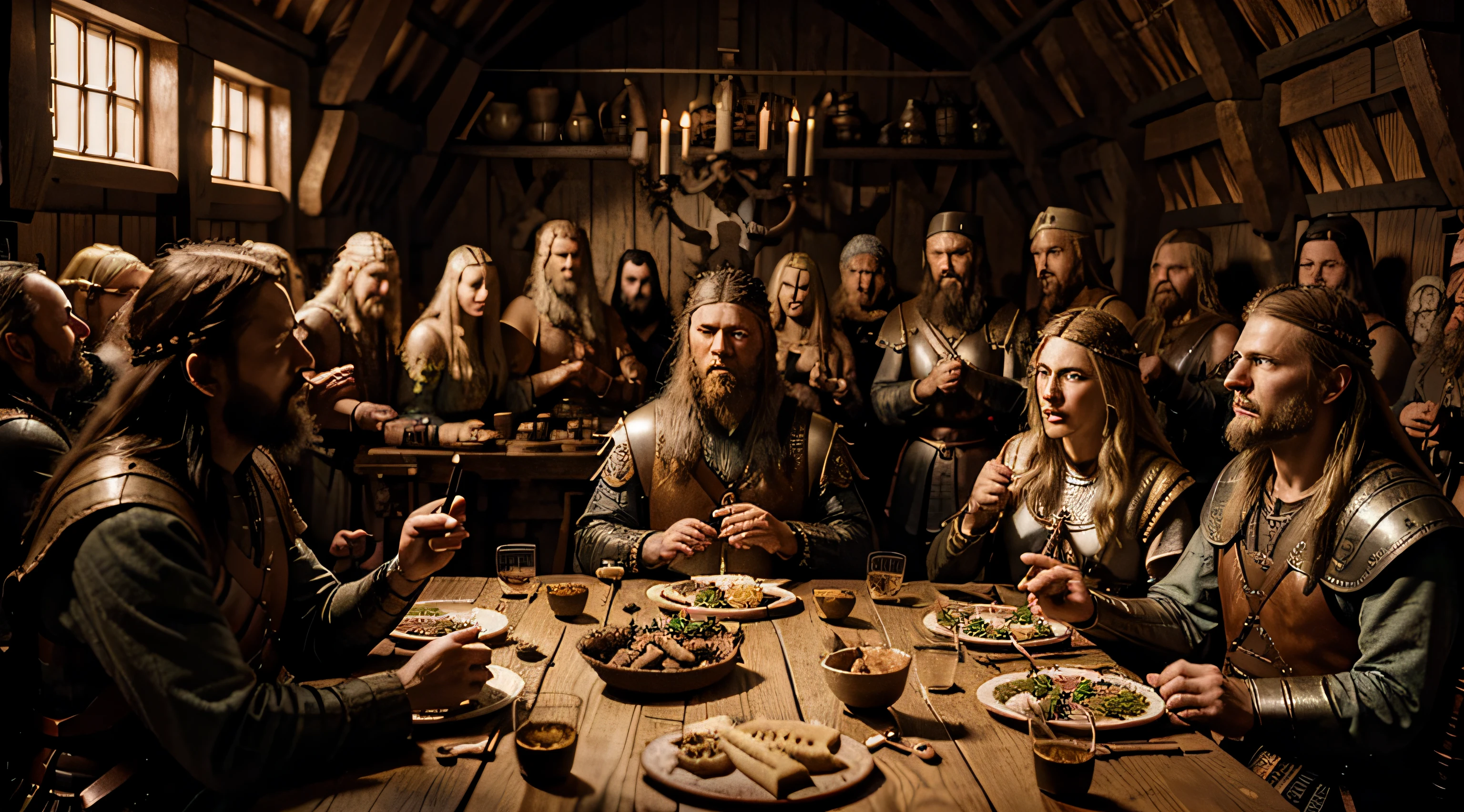 painting of Odin the god having a Viking feast with many warriors, medieval viking feast, medieval d&d mood, peasant wedding at midnight, art style of john blanche, dnd last supper, medieval fantasy illustration, by Jóhannes Sveinsson Kjarval, by Ásgrímur Jónsson, by Vilhelm Bissen, dragonlance illustration