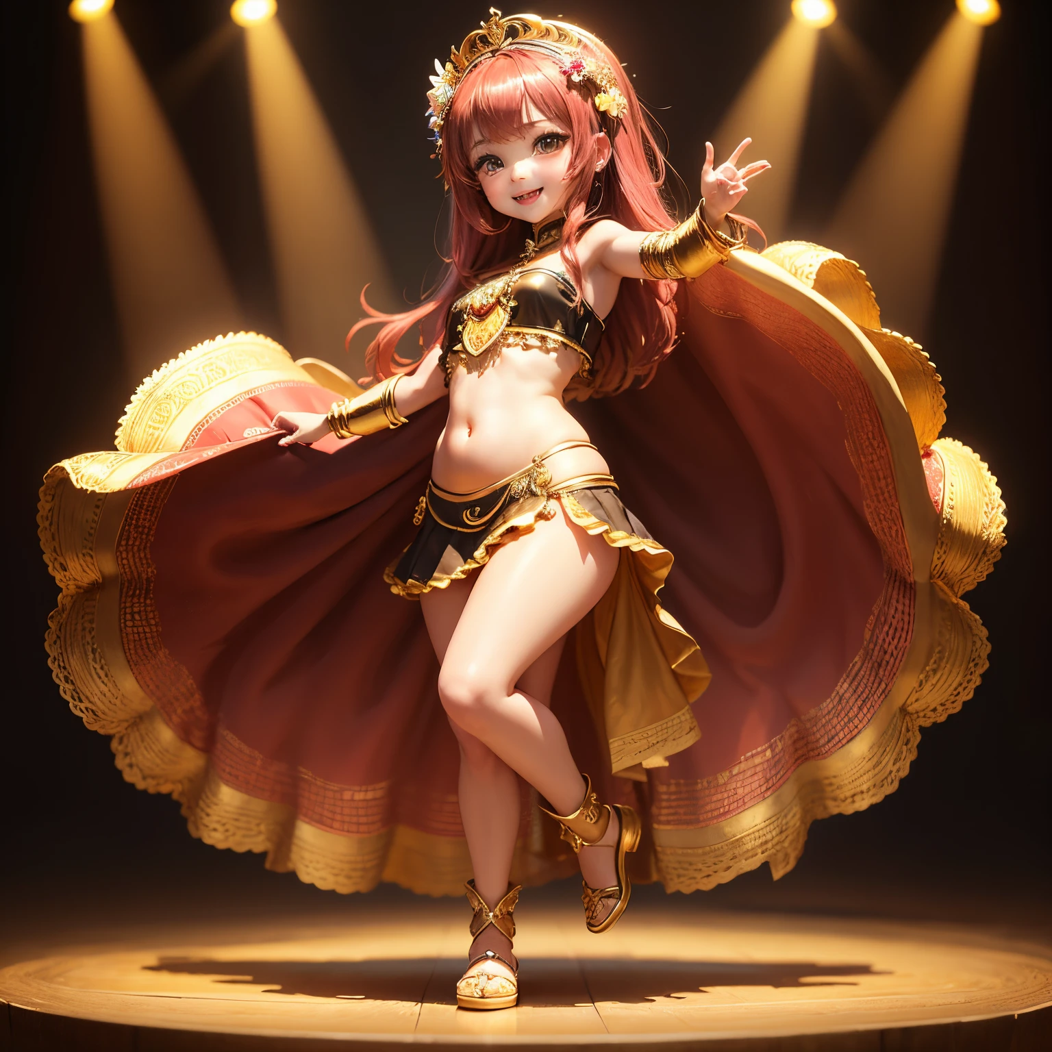 ​masterpiece、top-quality、ultra-detailliert、(Chibi Chara's Daughter:1.2)、Samba belly dance cosplay with luxurious golden decorations、Realistic strawberry whole cake、Open your mouth and smile、Full-body standing figure、dancing、dancing
