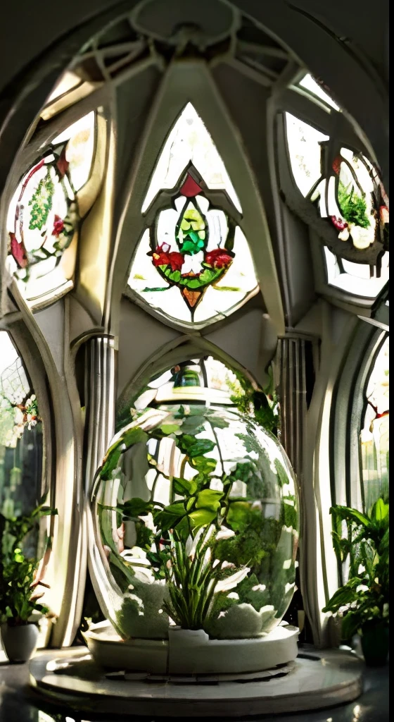 Interior design, glass columns, glass dome, stained glass, crystal, plant life, garden