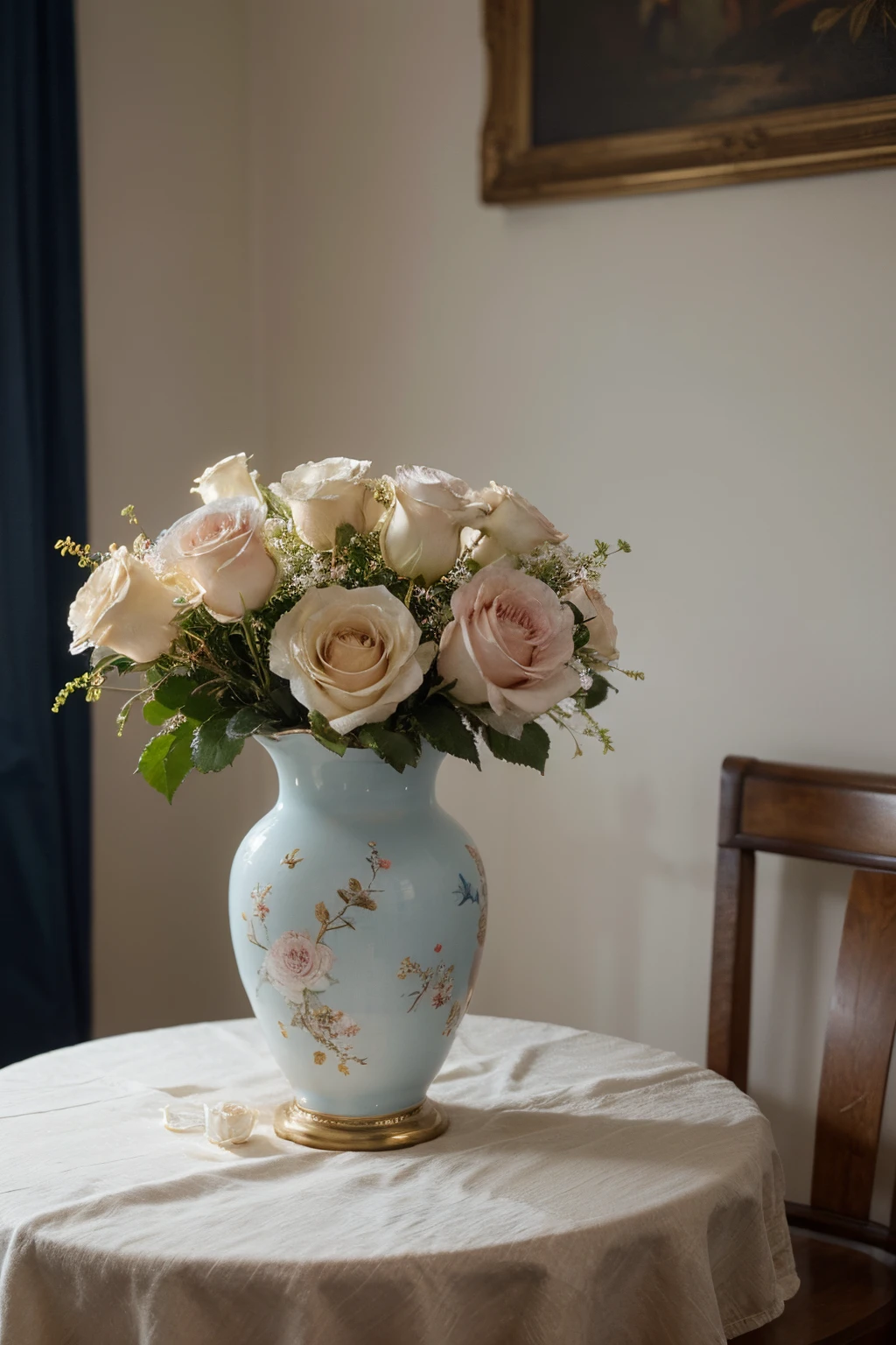 Realism painting of yellow, pink and white roses in a china vase on a blue silk cloth table side profile photo